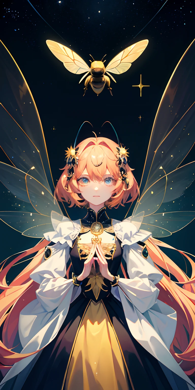 Anthropomorphic humanoid honey bee wearing fantasy regal clothes, antennae, four arms, androgynous gender, bowing, short hair that frames the face, Meadow at night, two clear wings, starrysky,tmasterpiece