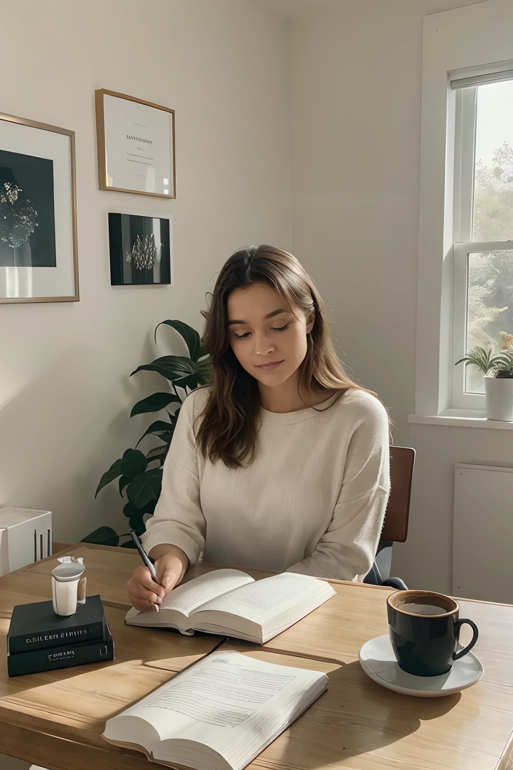 A person working in a cozy home office, bright and spacious, with a desk filled with papers, a laptop, and a cup of coffee. They have a focused expression on their face, indicating diligence and determination. The room is bathed in natural light from a large window, creating a warm and inviting atmosphere. The person is surrounded by a bookshelf, filled with books on various topics, suggesting knowledge and expertise. The walls are adorned with motivational quotes and inspiring artwork, fostering a positive and productive environment. The color palette is clean and contemporary, with a blend of neutral tones and pops of vibrant colors. The lighting is soft and diffused, highlighting important areas and creating a sense of calmness. The image quality is of the highest standard, with sharp details and realistic textures. The overall style is a mix of minimalism and modern aesthetics, capturing the essence of a productive and successful work-from-home setup.