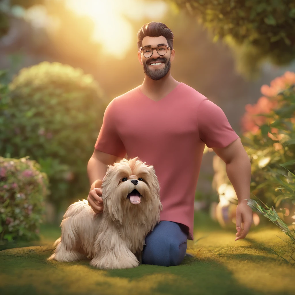 Weslley is a smiling 33-year-old human boy, com seu fiel amigo, Lion, o cachorro Shih-tzu, deitados no jardim