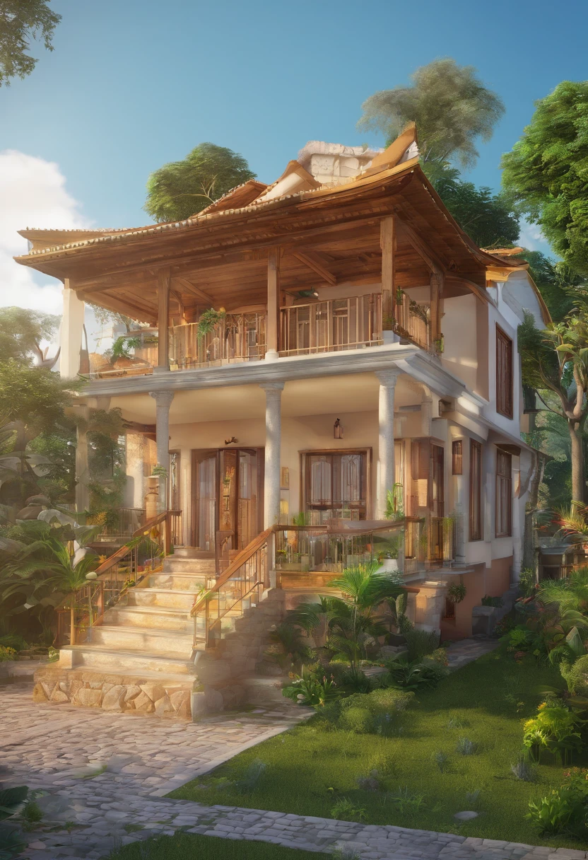 (((best quality))), high saturation, claro, Reasonable Structure, estilo dos desenhos animados, arquitetura, ponte, construction, castelo, chimney, Cloud, Nublado_heaven, dia, fantasia, door, grama, House, montanha, DDIM_HumaDDIMs, ao ar livre, Rio, Landscape, heaven, Sunset, tree, janela, Campo de trigo, Trigo, Donzela JK, sorrir, fofo, saia azul, tampo branco
