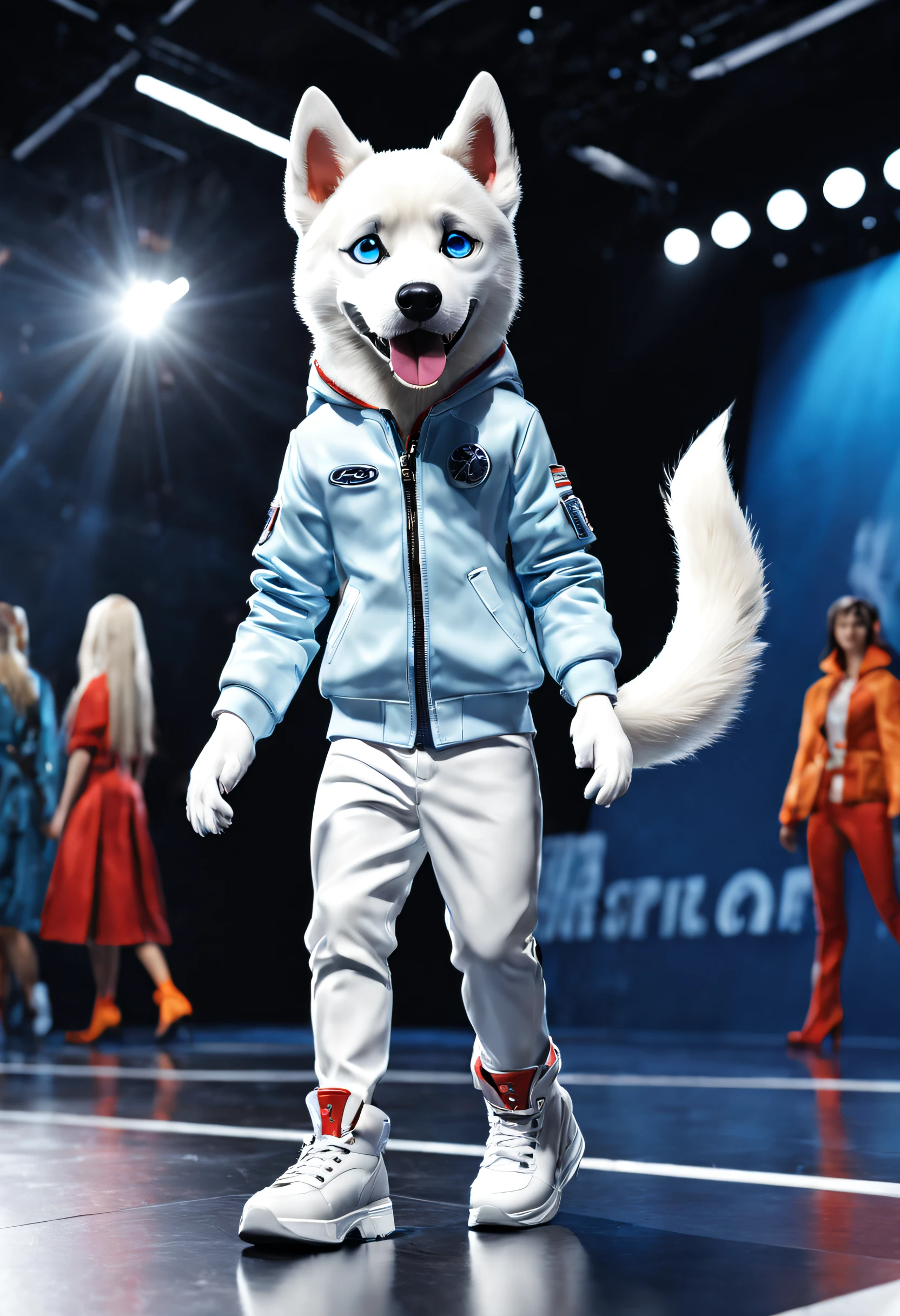(A husky puppy in a white hat jacket walks down the runway), Husky dog in white jacket walking on the catwalk,(A husky puppy in a white hat jacket:1.37), (Wearing a hood:1.37)(Wearing white pants:1.37), (Black boots:1.37),((Wearing cool sunglasses:1.37)) ,(Cool and handsome dog:1.1),(Anthropomorphic dog White Dog)), (Human dog hybrids), highly fashionable, (Anthropomorphic dogs:1.1),Doggy!!!!! ( White dog ) ,Very stylish puppy, , anthropomorphic dog ,
Background: inside in room, Catwalk scene,The scene of the fashion show, (((Runway scene))), Gorgeous blue stage, colorful atmosphere.Emphasis on dynamics, Rotational motion ray tracing in compositing, god light, hyper HD, A masterpiece of anatomical knots,Gives texture to the skin, Super detail, High details, High quality, Award-Awarded, Best quality, Textured skin, Super detail, Award-Awarded, Best quality, 8K vision, Catwalk, Realistic, Fantasyart,{{Masterpiece}}, {{{Best quality}}}, {{Ultra-detailed}}, {{illustration}} ,,Photography,concept art of character,Pixar style,Ghibli style,Cartoon style,Vinyl figures,Caricature,Masterpiece,illustration,illusory engine,rendering by octane,corona rendered,v-ray,Tilt-Shift,full bodyesbian,Long shot,rays of shimmering light,a 3D render,