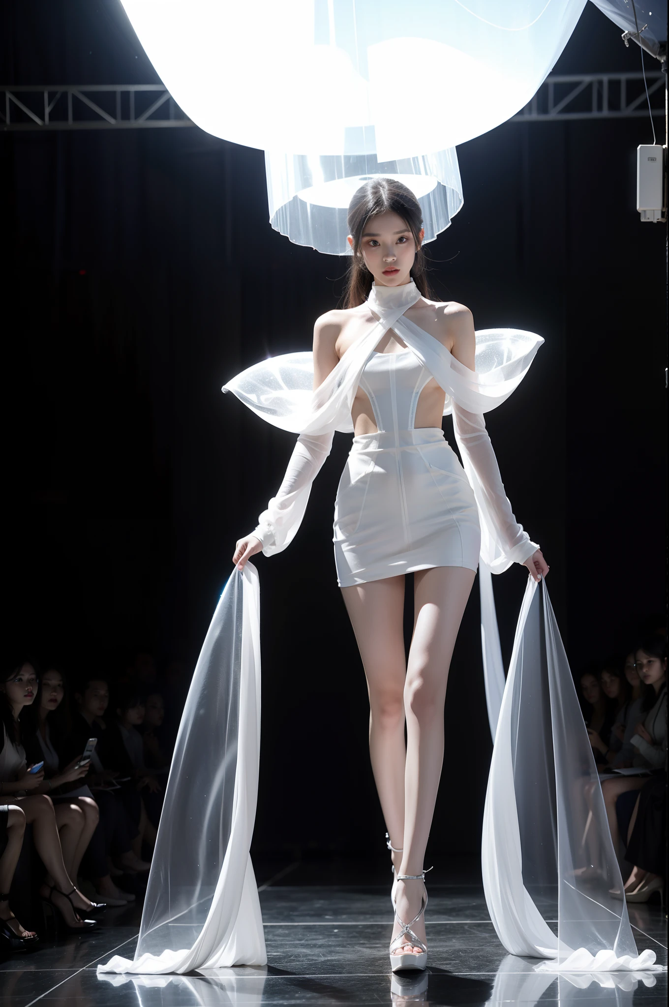 Translucent ethereal aliens，futuristic fashion show，High-tech catwalks