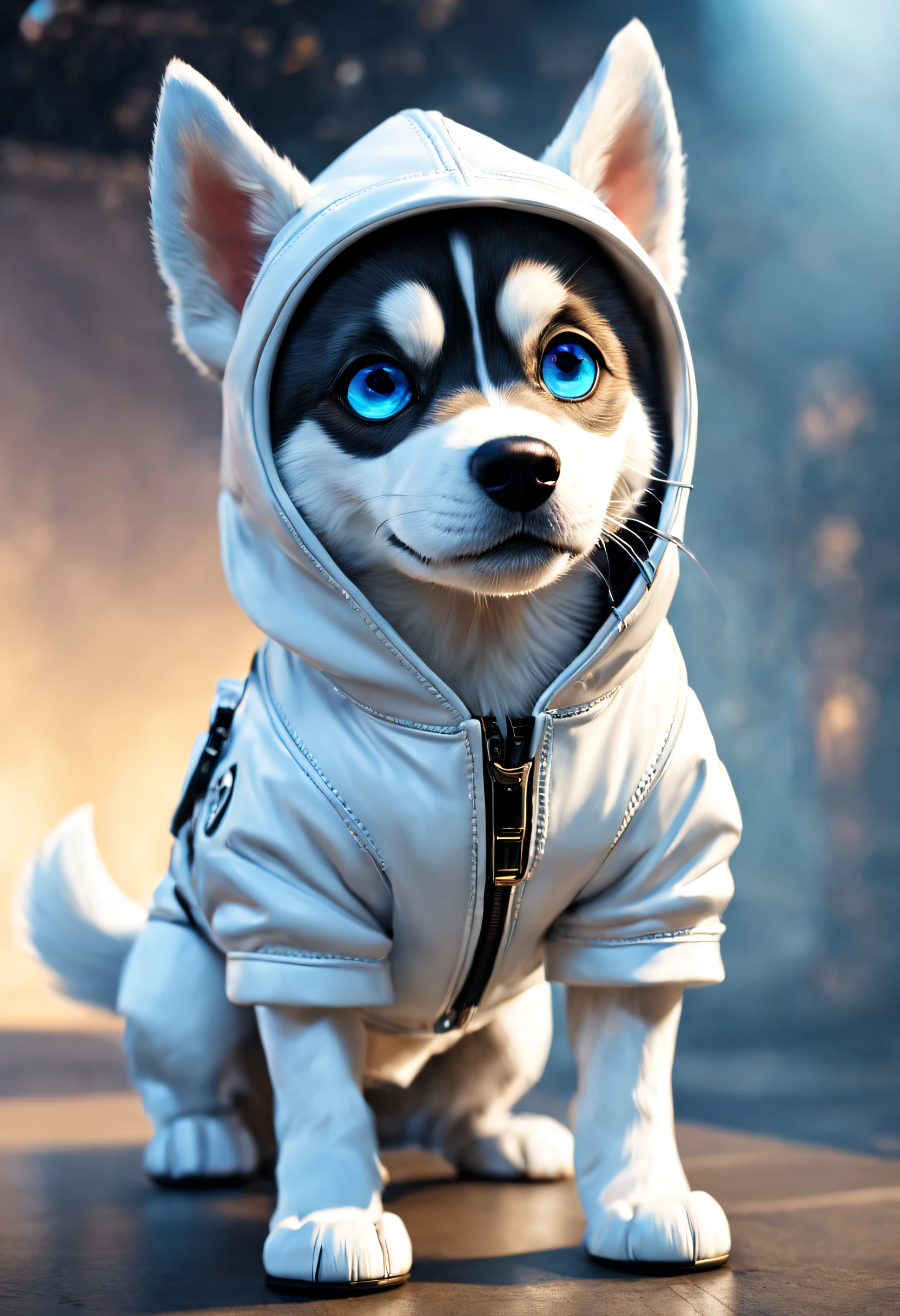 （A husky puppy in a white hat jacket walks down the runway）, Husky dog in white jacket walking on the catwalk，（A husky puppy in a white hat jacket：1.37）, （Wearing a hood：1.37）（Wearing white pants：1.37）, (Black boots：1.37），((Wearing cool sunglasses：1.37)) ，（Cool and handsome dog:1.1），（Anthropomorphic dog White Dog））, （Human dog hybrids）, highly fashionable, （Anthropomorphic dogs：1.1），Doggy!!!!! ( White dog ) ，Very stylish puppy,  ， anthropomorphic dog , 

Background: inside in room， Catwalk scene,The scene of the fashion show， (((Runway scene))), Gorgeous blue stage, colorful atmosphere.Emphasis on dynamics, Rotational motion ray tracing in compositing, god light, hyper HD, A masterpiece of anatomical knots，Gives texture to the skin, Super detail, High details, High quality, Award-Awarded, Best quality,  Textured skin, Super detail, Award-Awarded, Best quality, 8K vision, Catwalk, Realistic, Fantasyart，{{Masterpiece}}, {{{Best quality}}}, {{Ultra-detailed}}, {{illustration}} ，,Photography,concept art of character,Pixar style,Ghibli style,Cartoon style,Vinyl figures,Caricature,Masterpiece,illustration,illusory engine,rendering by octane,corona rendered,v-ray,Tilt-Shift,full bodyesbian,Long shot,rays of shimmering light,a 3D render,