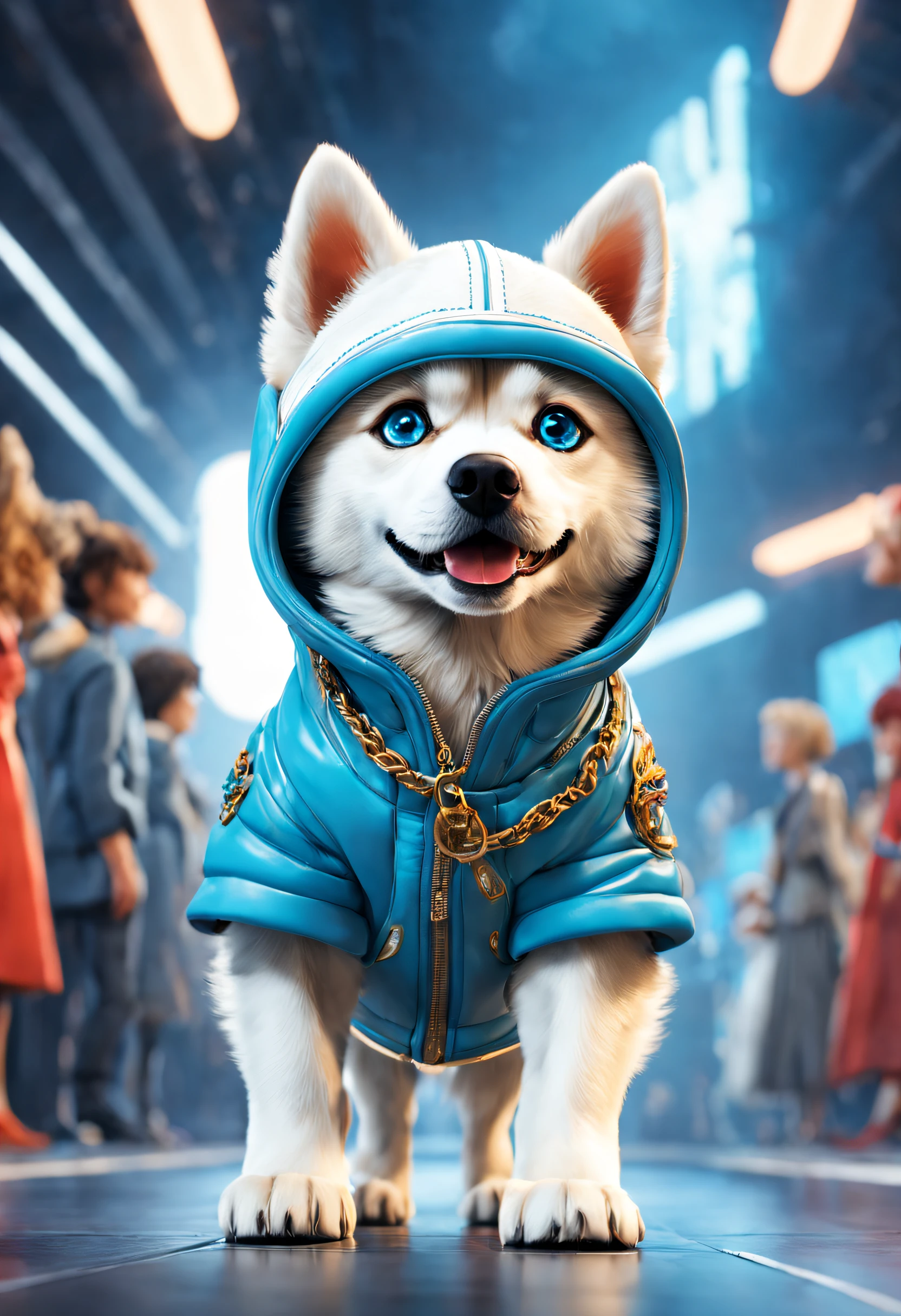 （A husky puppy in a white hat jacket walks down the runway）, Husky dog in white jacket walking on the catwalk，（A husky puppy in a white hat jacket：1.37）, （Wearing a hood：1.37）（Wearing white pants：1.37）, (Black boots：1.37），((Wearing cool sunglasses：1.37)) ，（Cool and handsome dog:1.1），（Anthropomorphic dog White Dog））, （Human dog hybrids）, highly fashionable, （Anthropomorphic dogs：1.1），Doggy!!!!! ( White dog ) ，Very stylish puppy,  ， anthropomorphic dog , 

Background: inside in room， Catwalk scene,The scene of the fashion show， (((Runway scene))), Gorgeous blue stage, colorful atmosphere.Emphasis on dynamics, Rotational motion ray tracing in compositing, god light, hyper HD, A masterpiece of anatomical knots，Gives texture to the skin, Super detail, High details, High quality, Award-Awarded, Best quality,  Textured skin, Super detail, Award-Awarded, Best quality, 8K vision, Catwalk, Realistic, Fantasyart，{{Masterpiece}}, {{{Best quality}}}, {{Ultra-detailed}}, {{illustration}} ，,Photography,concept art of character,Pixar style,Ghibli style,Cartoon style,Vinyl figures,Caricature,Masterpiece,illustration,illusory engine,rendering by octane,corona rendered,v-ray,Tilt-Shift,full bodyesbian,Long shot,rays of shimmering light,a 3D render,