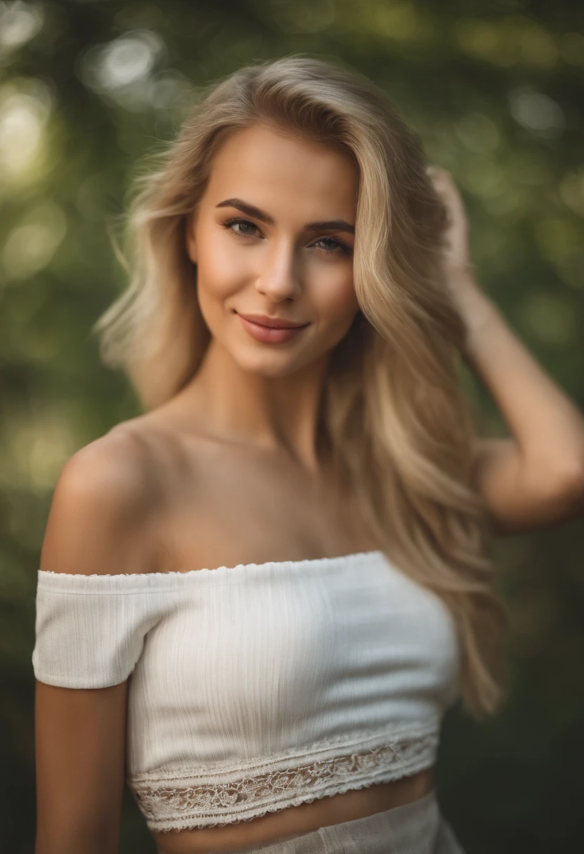 ultrarealistic high quality full body photo of a beautiful busty slim european 18-year-old woman with cute hyperdetailed shy face and natural blonde straight long ponytail and shy smile , realistic round hazel eyes, natural lips, dark eye makeup with eyeliner, wearing light brown chiffon dress, hourglass body, outdoor photography, tanned, nsfw