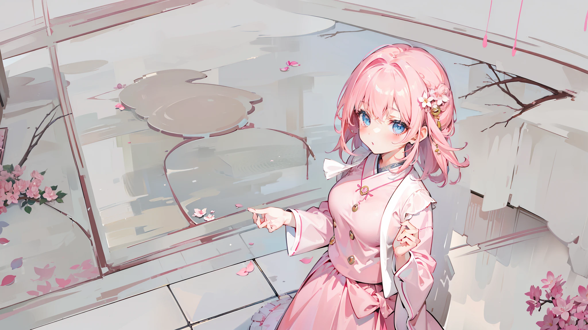(best quality,4k,highres,ultra-detailed,masterpiece:1.2),angelic,beautiful girl with short pink hair,beautiful detailed eyes,beautiful detailed lips,extremely detailed eyes and face,long eyelashes,french braid,ethereal pink hairstyle,glowing pink hair,pink dress, airy and light,moonlit background,serene moon,subtle reflections,pink hues,colorful sakura petals,romantic atmosphere,Japanese-inspired scenery