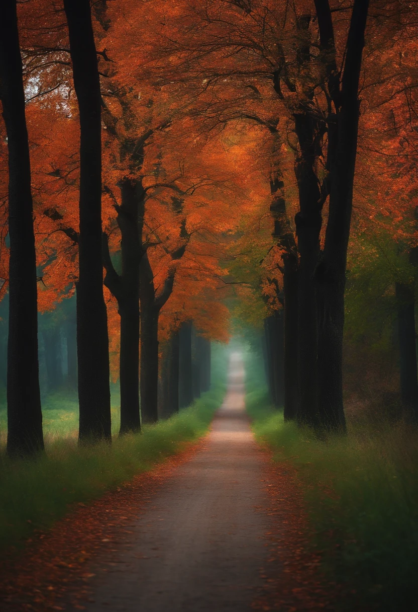 A long road with trees and leaves on both sides of it - SeaArt AI