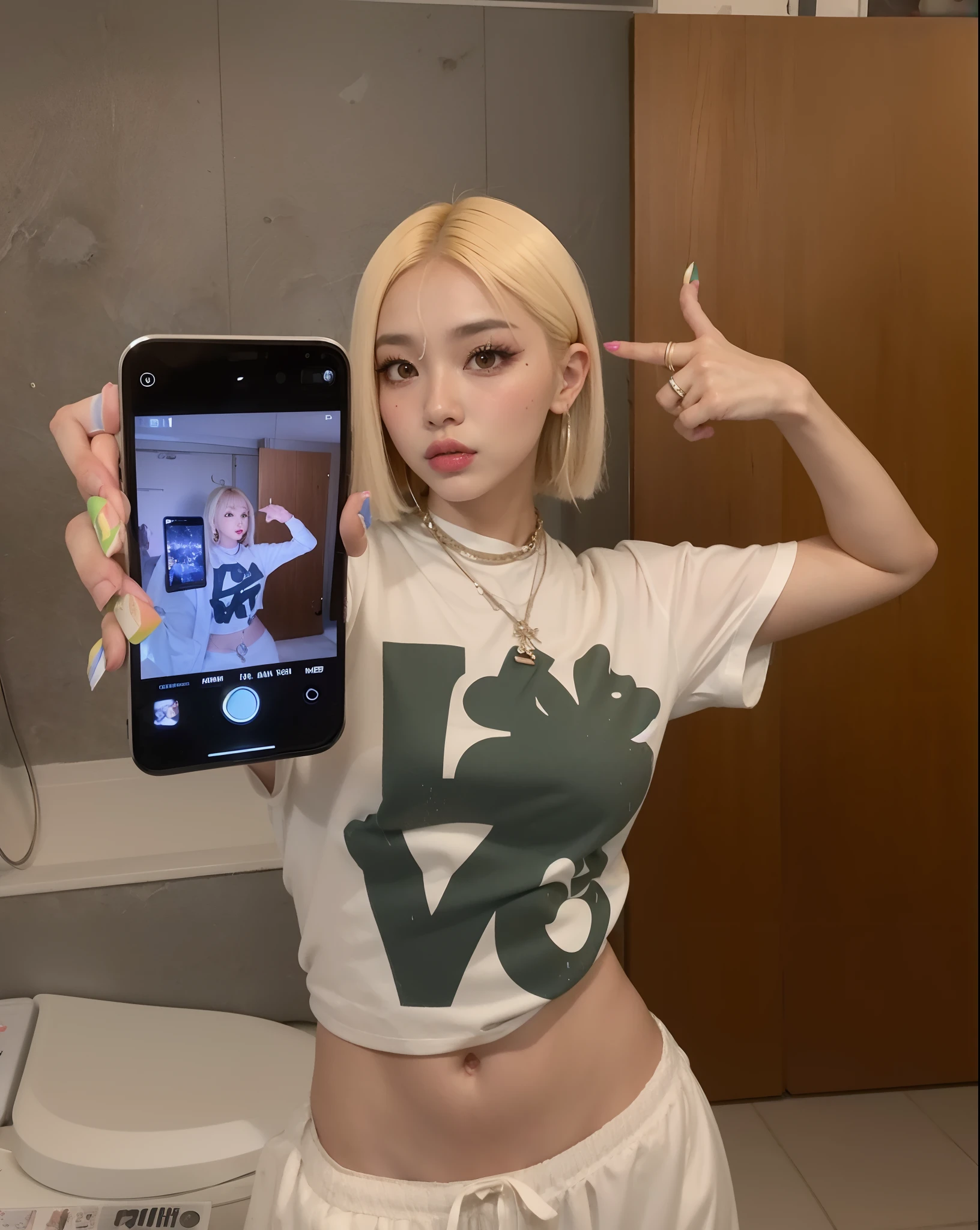mulher loira em uma camisa branca segurando um telefone celular, Parque Roseanne do Blackpink, linda Delphine, ava max, Cl, Modelo do Instagram, Fotografia selfie 8k, e-menina, E - Menina, jossi do blackpink, Retrate uma mulher como Reol, modelo live2d youtuber virtual, 韓国アイドル, TaeJune Kim, iphone selfie