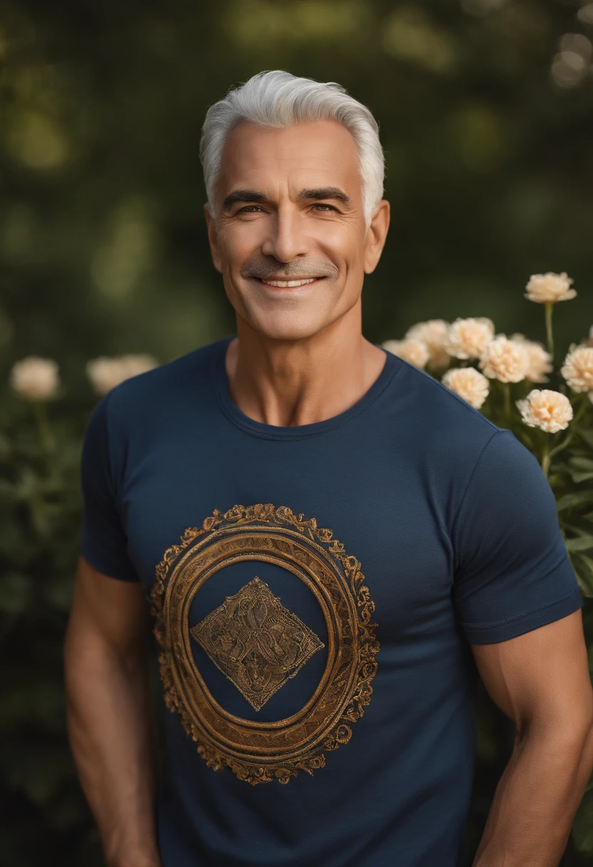 (best quality,4k,8k,highres,masterpiece:1.2),ultra-detailed,realistic, middle-aged man with a black T-shirt and jeans, vibrant blue eyes, thick dark eyebrows, clean-shaven face, silver hair with a hint of salt and pepper, confident smile, well-defined cheekbones, sturdy build, casual and relaxed pose, standing in a lush green garden, surrounded by colorful flowers and tall trees, gentle sunlight casting a warm glow, beautifully textured skin with visible pores and slight wrinkles, realistic fabric texture on the T-shirt and jeans, finely detailed stitching, subtle shadows and highlights enhancing depth and dimension, professional portrait-style composition, vivid and vibrant colors, natural color tones with a touch of warmth, capturing a moment of tranquility and self-assurance, showcasing the timeless beauty and charm of a mature man.