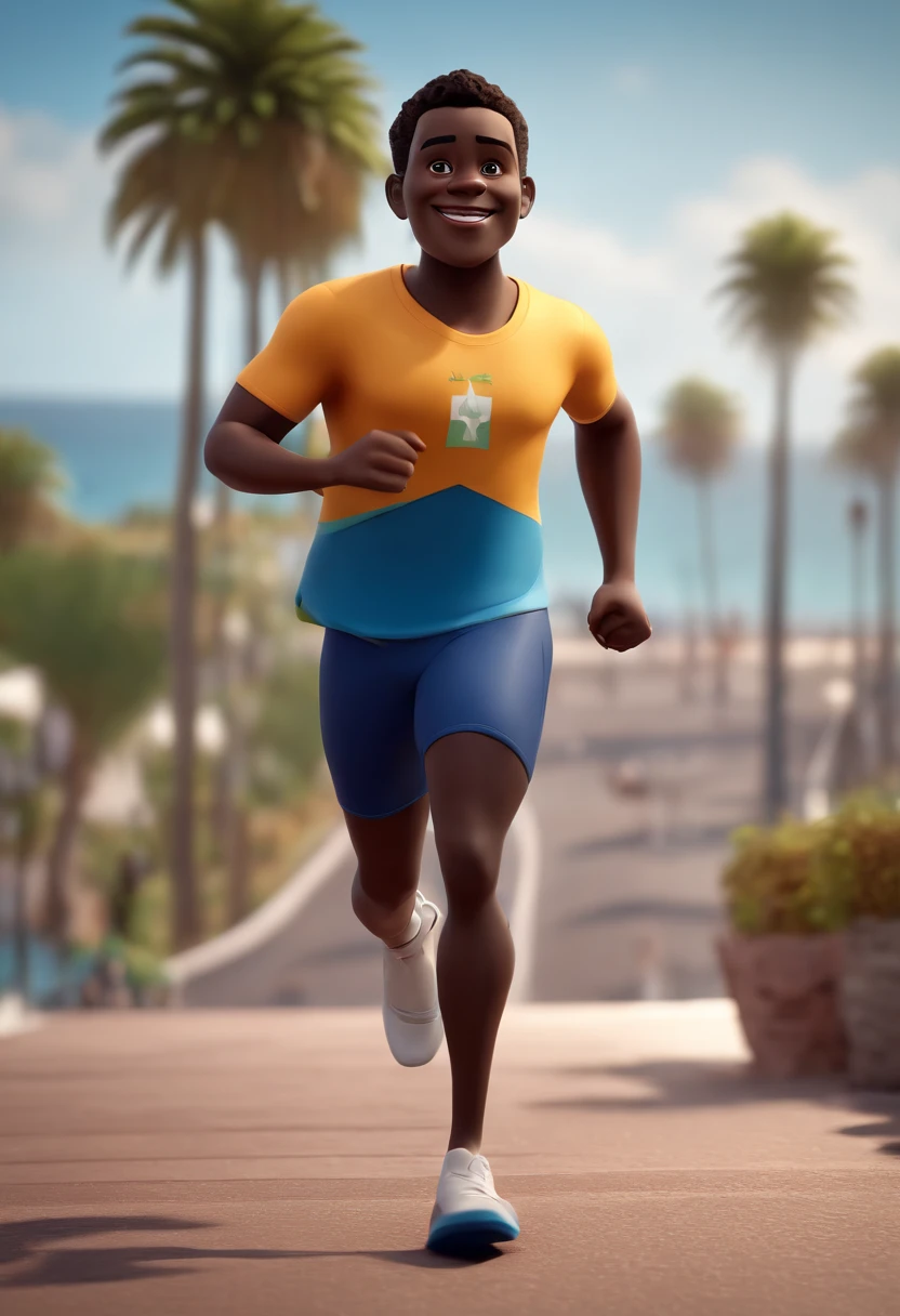 Personagem de desenho animado de man, dark skin, running on the promenade along the Fortaleza seafront, pink shirt, blue shorts, animation style rendering, 3D estilizado, Arnold Maya render, 3 d render stylized, toon render keyshot, Personagem 3D, Personagem 3D, 3d rendering stylized, 3 d character render, personagem de desenho animado, Personagem de close up, Pose de personagem, (Estilo Pixar) (master part:1.2) (Bokeh) (best quality) (pele detalhada) (textura detalhada) (8k) (argila) (Cinematic lighting) (foco nítido,Senta e vaza a parte superior do corpo