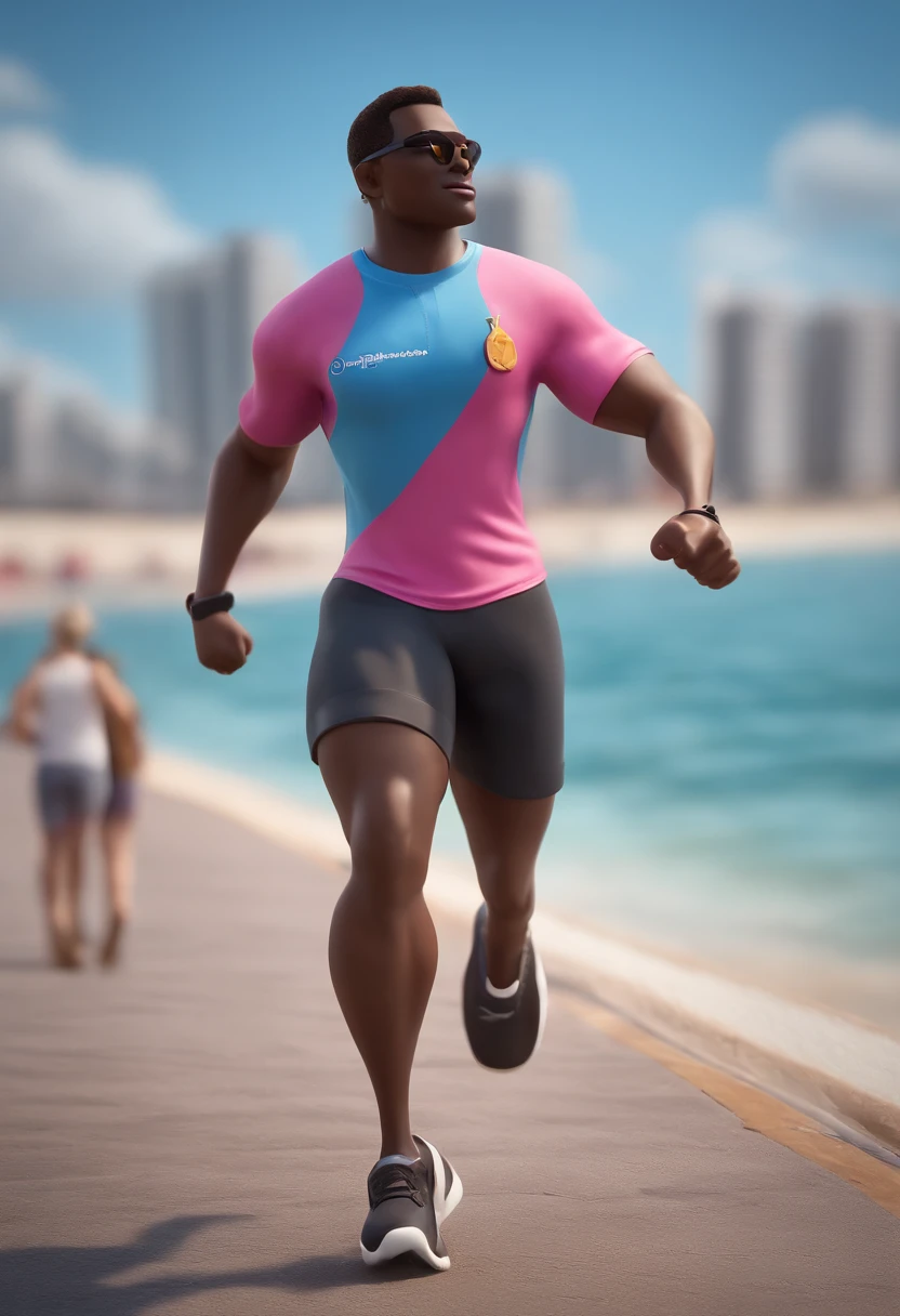 Personagem de desenho animado de man, dark skin, running on the promenade along the Fortaleza seafront, pink shirt, blue shorts, animation style rendering, 3D estilizado, Arnold Maya render, 3 d render stylized, toon render keyshot, Personagem 3D, Personagem 3D, 3d rendering stylized, 3 d character render, personagem de desenho animado, Personagem de close up, Pose de personagem, (Estilo Pixar) (master part:1.2) (Bokeh) (best quality) (pele detalhada) (textura detalhada) (8k) (argila) (Cinematic lighting) (foco nítido,Senta e vaza a parte superior do corpo