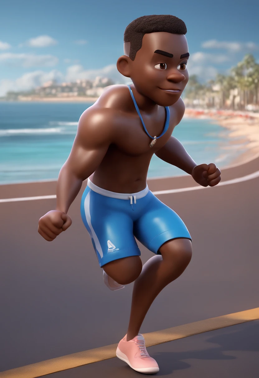 Personagem de desenho animado de man, dark skin, running on the promenade along the Fortaleza seafront, pink shirt, blue shorts, animation style rendering, 3D estilizado, Arnold Maya render, 3 d render stylized, toon render keyshot, Personagem 3D, Personagem 3D, 3d rendering stylized, 3 d character render, personagem de desenho animado, Personagem de close up, Pose de personagem, (Estilo Pixar) (master part:1.2) (Bokeh) (best quality) (pele detalhada) (textura detalhada) (8k) (argila) (Cinematic lighting) (foco nítido，Senta e vaza a parte superior do corpo