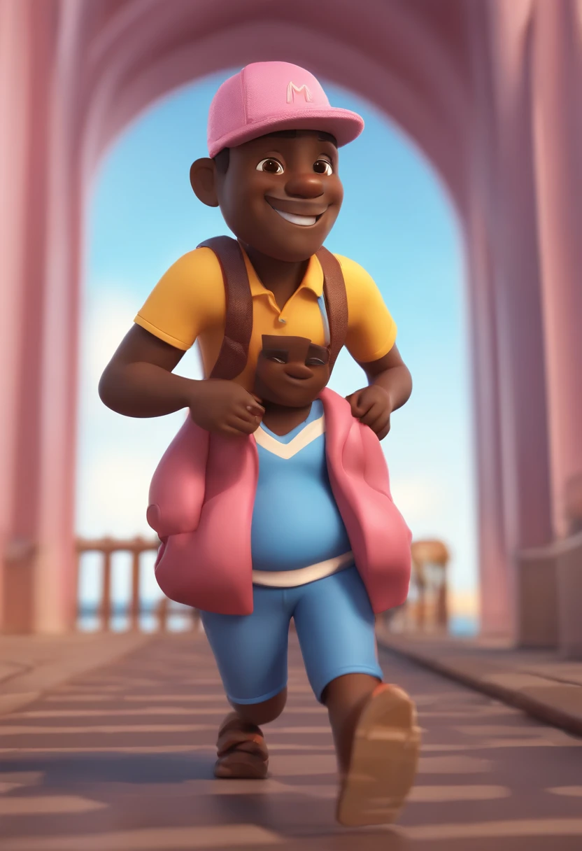 Personagem de desenho animado de man, dark skin, running on the promenade along the Fortaleza seafront, pink shirt, blue shorts, animation style rendering, 3D estilizado, Arnold Maya render, 3 d render stylized, toon render keyshot, Personagem 3D, Personagem 3D, 3d rendering stylized, 3 d character render, personagem de desenho animado, Personagem de close up, Pose de personagem, (Estilo Pixar) (master part:1.2) (Bokeh) (best quality) (pele detalhada) (textura detalhada) (8k) (argila) (Cinematic lighting) (foco nítido，Senta e vaza a parte superior do corpo