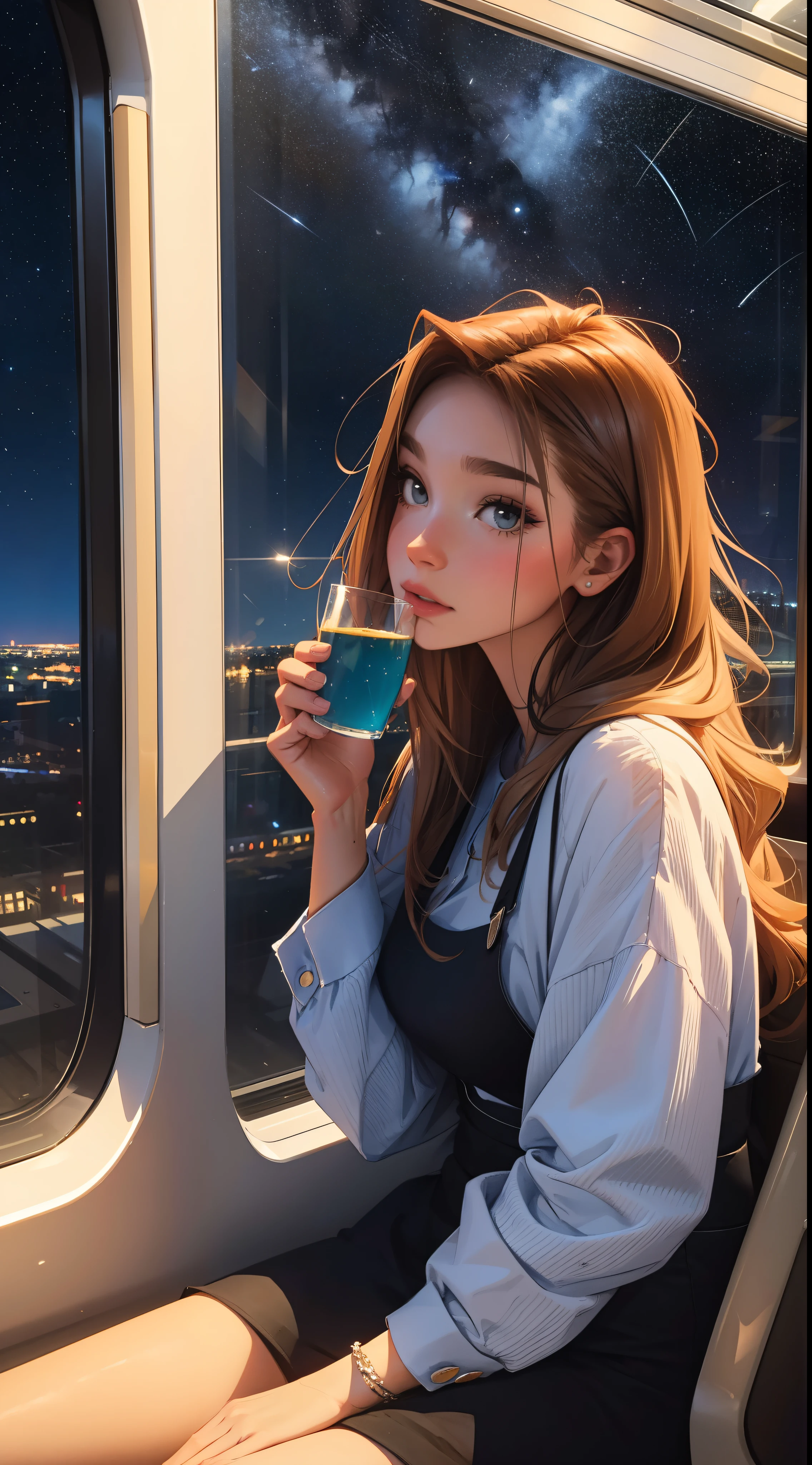 train, sitting by the window, pose pensives, Look at the stars, Head glued to the glass, Landscape passing by at high speed, voyage de nuit, beautiful starry sky, Une belle fille avec, UHD Portrait, (High quality) (ultra details) Regarder le spectateur en tenue de ville de style hip-hop; different, colourfull, colored long hair 🌈
