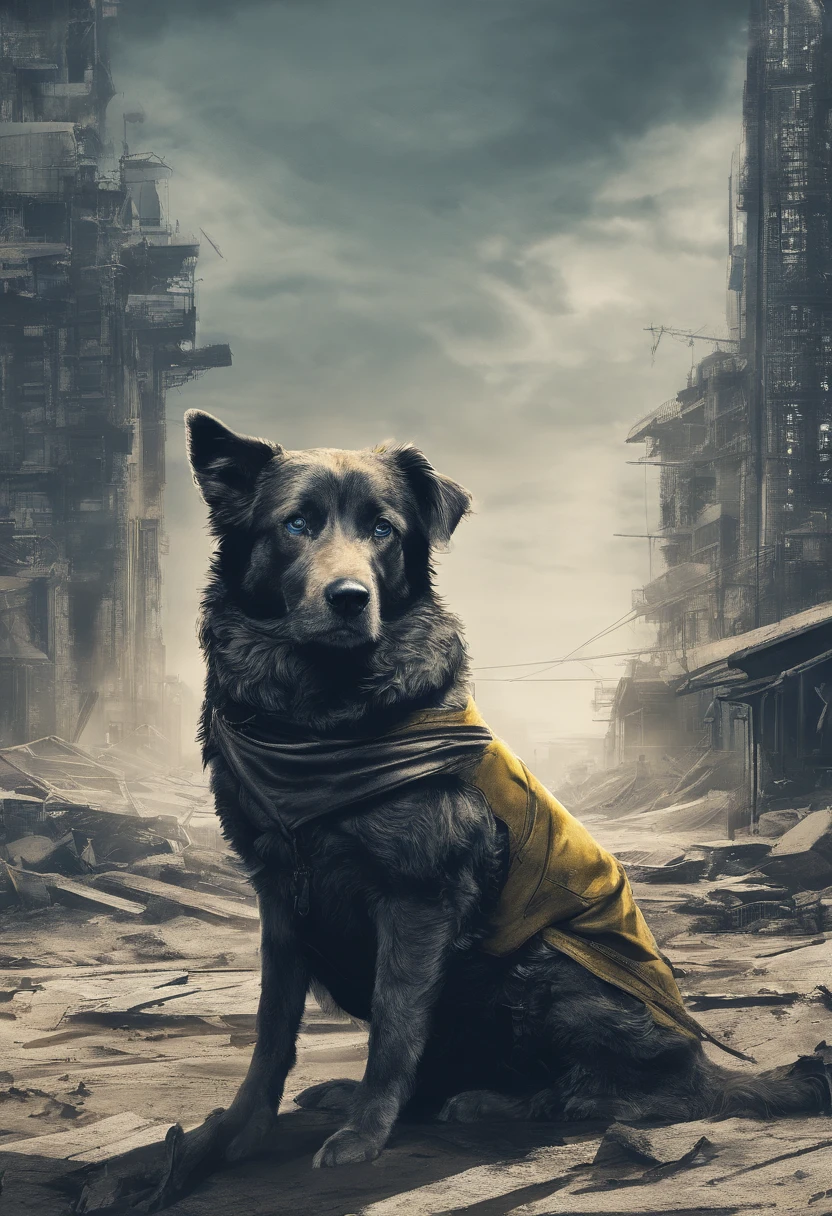 Cidade em chamas,nuvem escura, carteiro camisa amarela calce e bone azul, cachorro ao lado