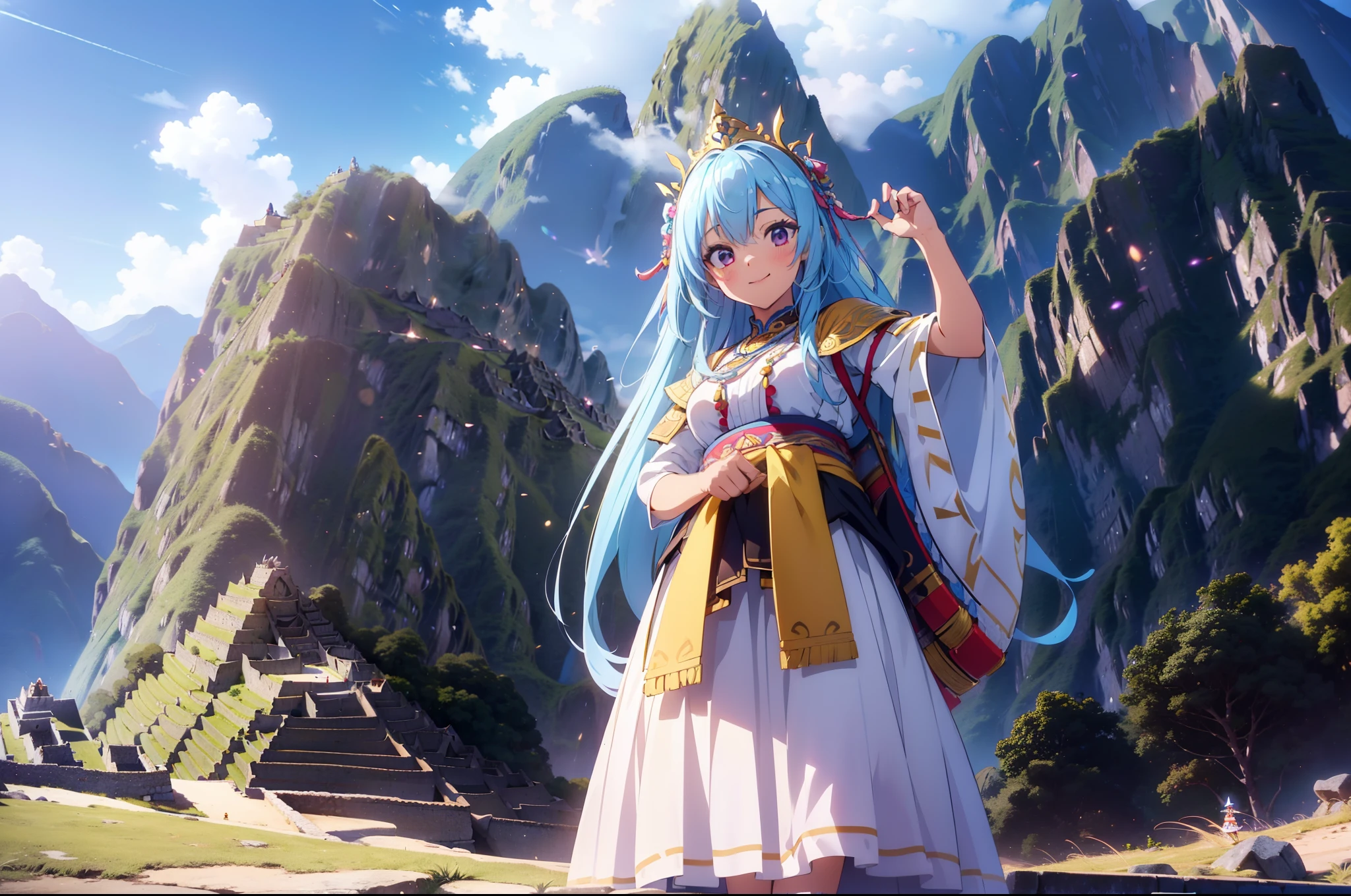 1 cute girl, Datch angle, from below ,wide shot, standing, Peruvian national costume, smile ,(background Macchu Picchu), cinematic lighting, blue sky, high resolution,(incredibly absurdres),anime visual,extremely detailed CG unity 8k wallpaper, ((masterpiece)), ((top-quality)), (beautiful illustration), ((an extremely delicate and beautiful))