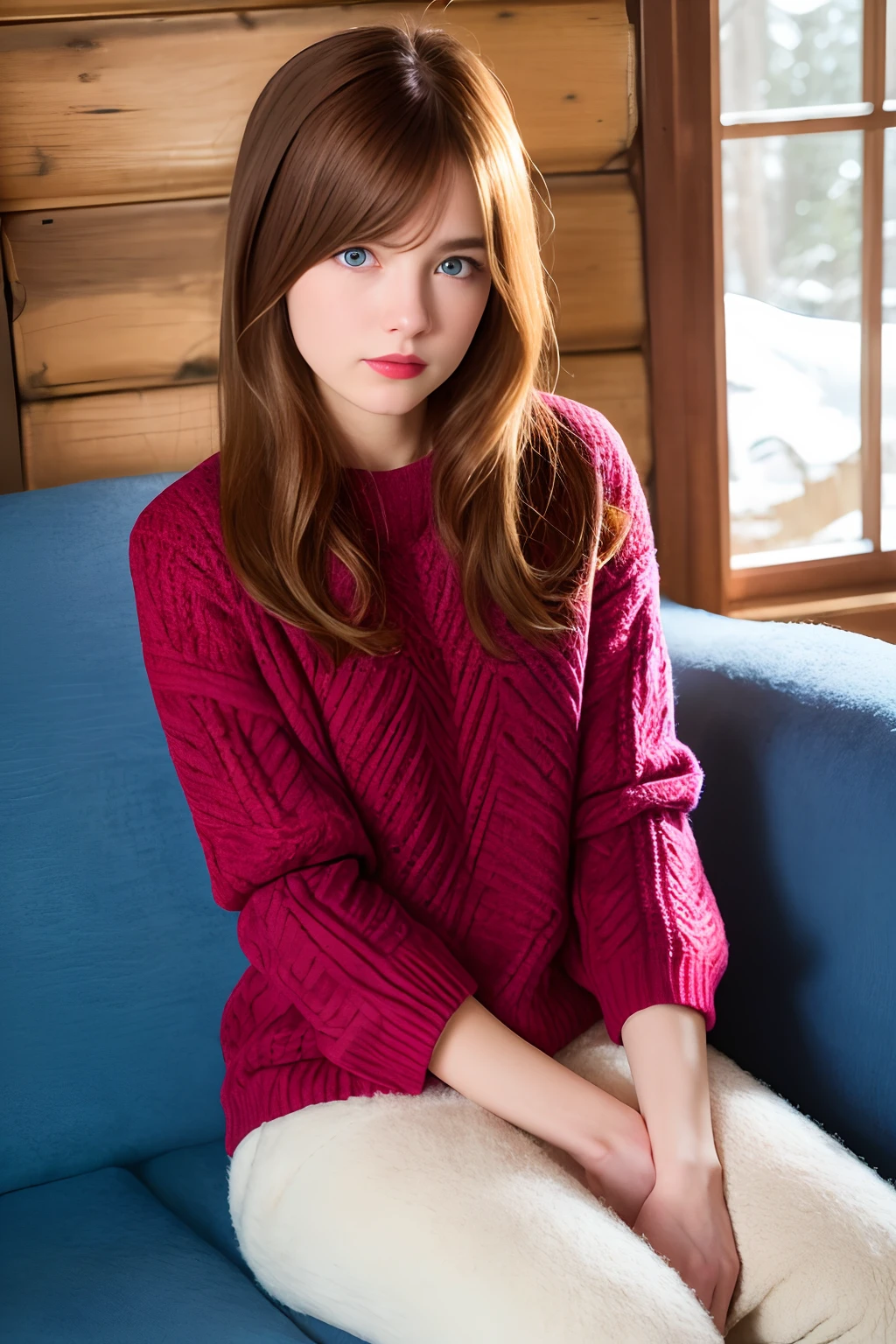 very skinny  long hair,  max caulfield , 
 soft skin, lovely face, expressive eyes , Blue eyes ,  red lips ,  , double eyelids , , super delicate face, , ,, no  selfie , 
  Red  wool sweater  and  pink   wool pants,     , winter clothes , ,    , at the old cabin,   ,,  sit couch,