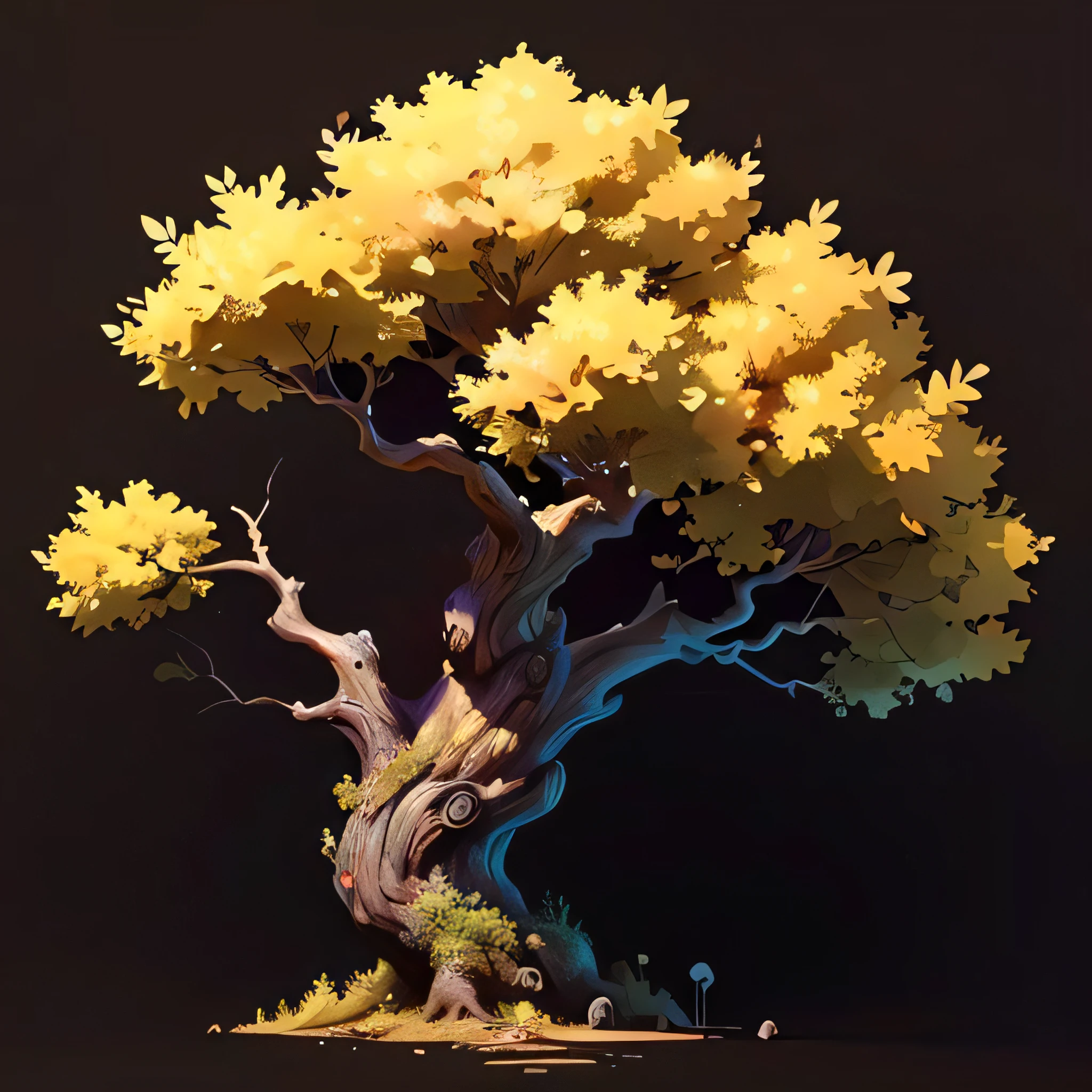 (black background:1.3) (simple background:1.3), far shot ((best quality)), tree, 8k, tree Light beige colored leaves, intricate foliage (masterpiece:1.2), (concept art:1.2), high detail, sharp details,