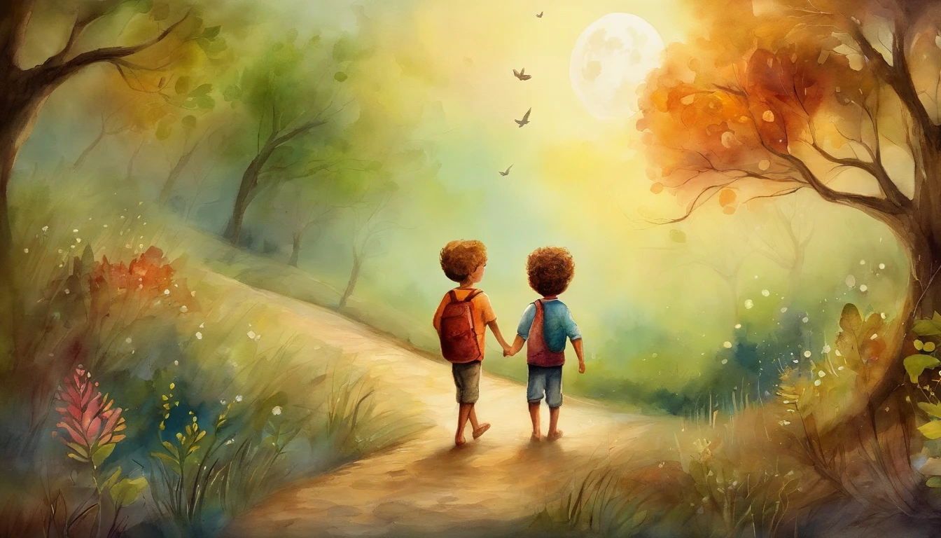 two boys, both exploring a night scene full of wonders. Add a starry sky with smiling stars, and put a friendly moon watching the scene with an affectionate look. Ademais, Insert a translucent spirit, Friendly and bright appearance, as a magical guide on the characters' nightly journey. Use a palette of soft and vibrant colors to create a cheerful and magical environment, Perfectly suitable for children. Let your creativity flow and capture the sense of adventure and mystery.