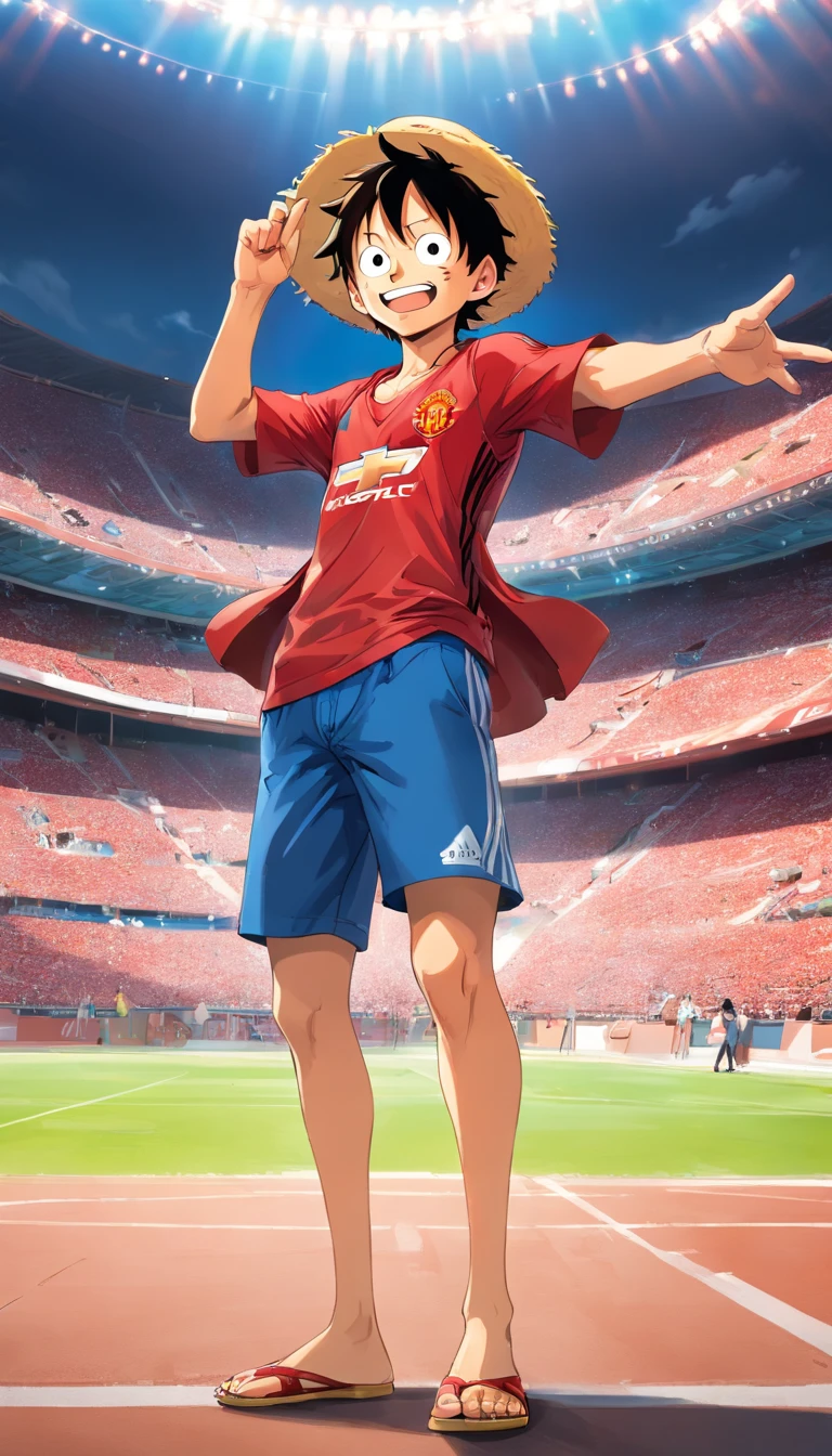 "luffy de One Piece vestindo uma roupa do Manchester United, standing in a stadium, Facing the camera, with a raised hand and a smile."