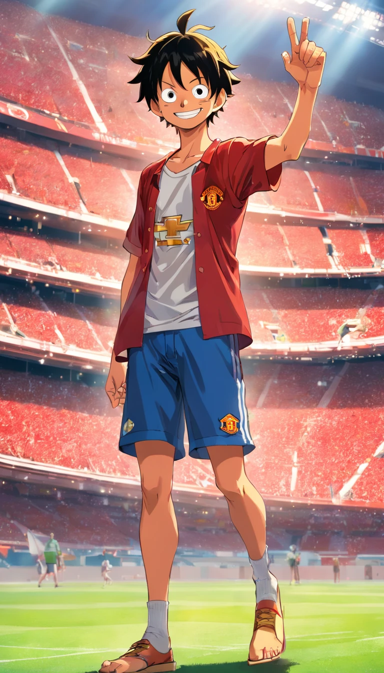 "luffy de One Piece vestindo uma roupa do Manchester United, standing in a stadium, Facing the camera, with a raised hand and a smile."