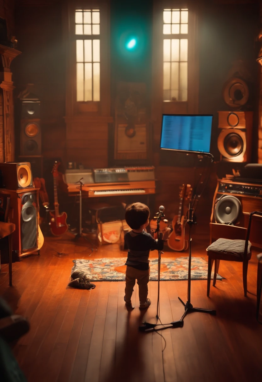 Um filme inspirado na Disney Pixar ( JOVEM COM CABELO CURTO PRETO) Inside a singing music studio,do estilo PIXAR, descolado e estiloso