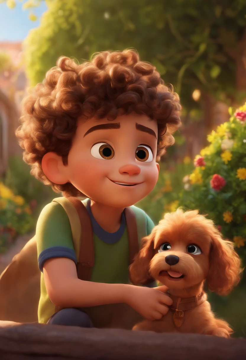 Image of a boy for a story in a YouTube video in Pixar format, He's the little allabester, He's the class leader, He's outgoing, Playful and gets up for a lot of things and his  brother with the curly hair and his little dog with golden parsley.