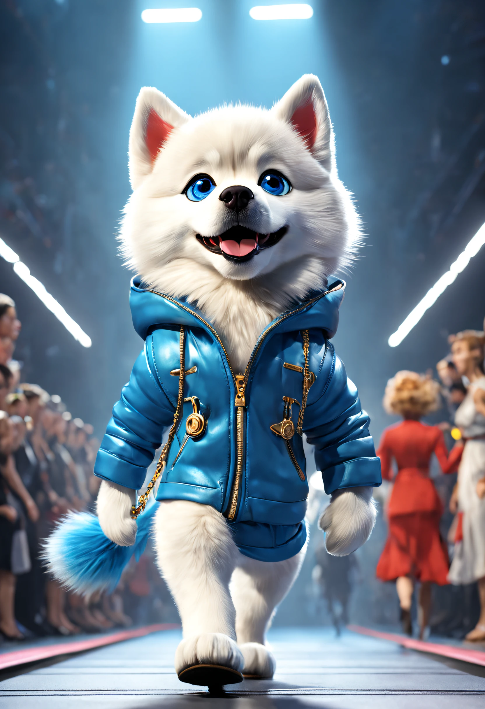 （A husky puppy in a white hat jacket walks down the runway）, Husky dog in white jacket walking on the catwalk，（A husky puppy in a white hat jacket：1.37）, （Wearing a hood：1.37）（Wearing white pants：1.37）, (Black boots：1.37），((Wearing sunglasses：1.37)) ，（Cool and handsome dog:1.1），（Anthropomorphic dog White Dog））, （Human dog hybrids）, highly fashionable, （Anthropomorphic dogs：1.1），Doggy!!!!! ( White dog ) ，Very stylish puppy,  ， anthropomorphic dog , 

Background: inside in room， Catwalk scene,The scene of the fashion show， (((Runway scene))), Gorgeous blue stage, colorful atmosphere.Emphasis on dynamics, Rotational motion ray tracing in compositing, ,full bodyesbian,Long shot，god light, hyper HD, A masterpiece of anatomical knots，Gives texture to the skin, Super detail, High details, High quality, Award-Awarded, Best quality,  Super detail, Award-Awarded, Best quality, 8K vision, Catwalk, Realistic, Fantasyart，{{Masterpiece}}, {{{Best quality}}}, {{Ultra-detailed}}, {{illustration}} ，,Photography,concept art of character,Pixar style,Ghibli style,Cartoon style,Vinyl figures,Caricature,Masterpiece,illustration,illusory engine,rendering by octane,corona rendered,v-ray,Tilt-Shift,rays of shimmering light,a 3D render,