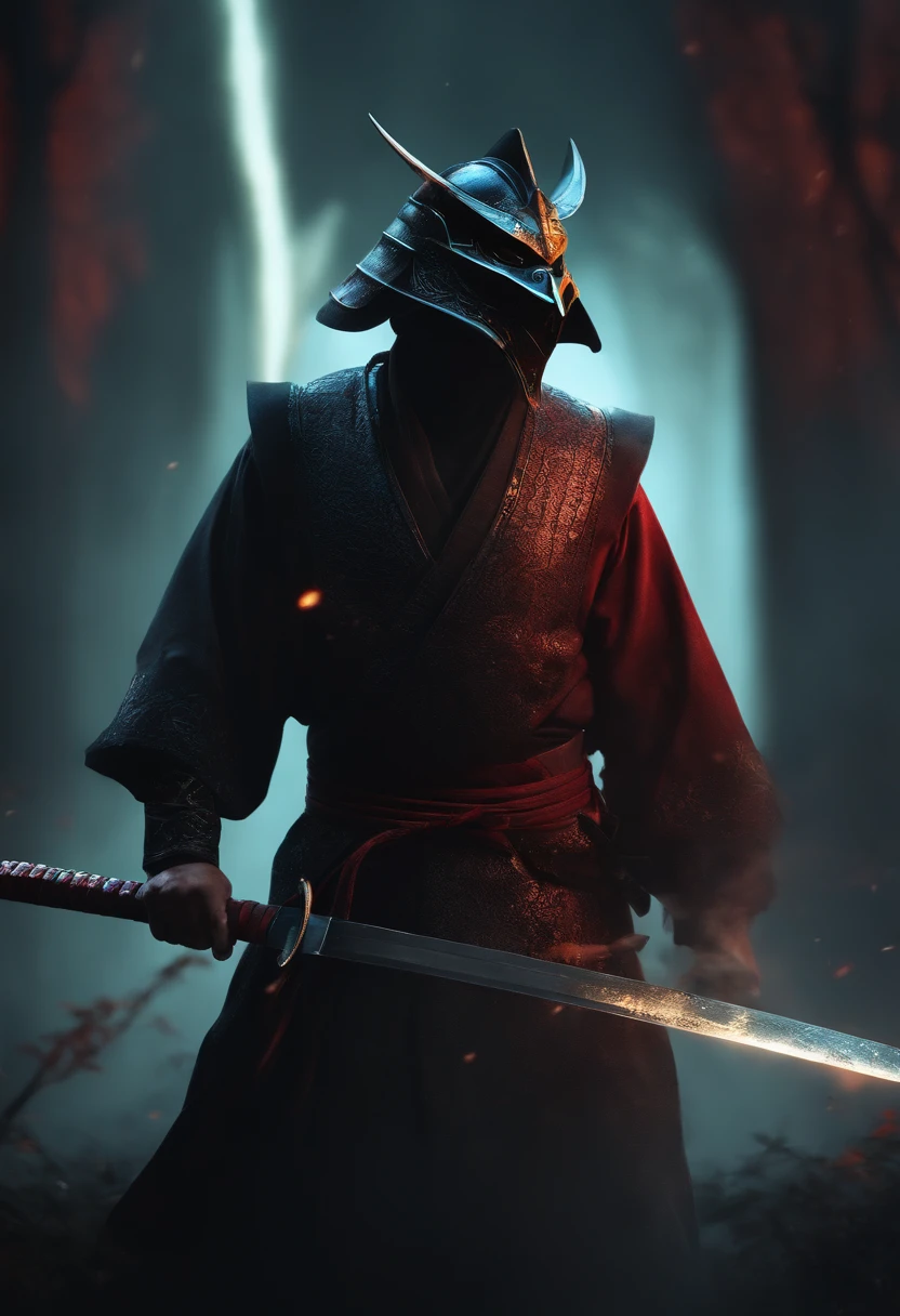 A man with a katana in his hand, Dressed in robes and samurai armor,Wear a beaked mask,Beak-shaped mask,glowing light eyes, eerie, Creepy, nightmarish, Very bright colors, Light particles, with light glowing, Mshiv, wallpaper art, UHD wallpaper