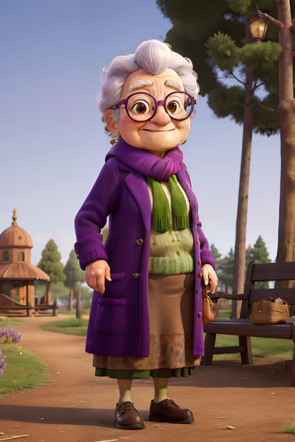 masterpiece, best quality, an old woman with glasses and a scarf on, wearing a purple coat and green scarf, standing at the park