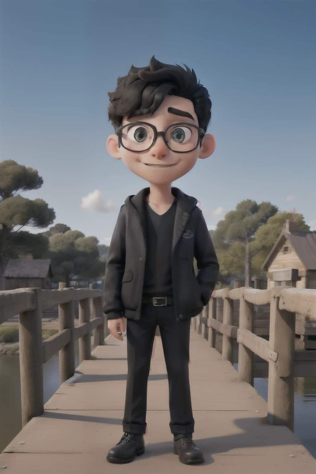 A boy standing on the bridge with animals in a black jacket of round glasses
