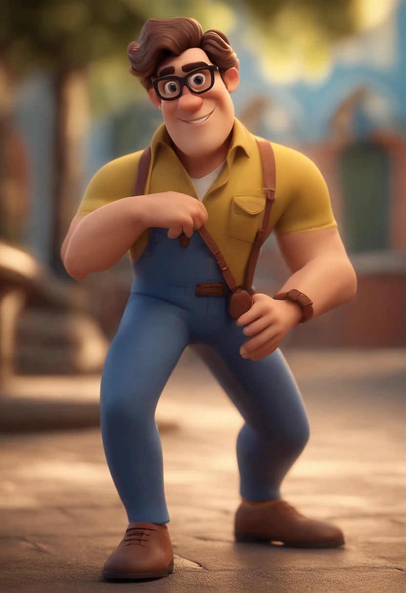Cartoon character of a man with black glasses, cabelo cacheado marrom escuro e uma camisa azul, animation character, Caractere estilizado, animation style rendering, 3D estilizado, Arnold Maya render, 3 d render stylized, toon render keyshot, Personagem 3D, Personagem 3D, 3d rendering stylized, 3 d character render, personagem de desenho animado, Personagem de close up, Pose de personagem, (Estilo Pixar) (master part:1.2) (Bokeh) (best quality) (pele detalhada) (textura detalhada) (8k) (argila) (Cinematic lighting) (foco nítido