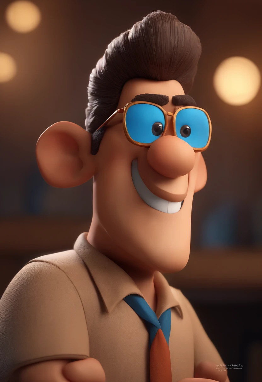 Cartoon character of a man with black glasses, cabelo cacheado marrom escuro e uma camisa azul, animation character, Caractere estilizado, animation style rendering, 3D estilizado, Arnold Maya render, 3 d render stylized, toon render keyshot, Personagem 3D, Personagem 3D, 3d rendering stylized, 3 d character render, personagem de desenho animado, Personagem de close up, Pose de personagem, (Estilo Pixar) (master part:1.2) (Bokeh) (best quality) (pele detalhada) (textura detalhada) (8k) (argila) (Cinematic lighting) (foco nítido
