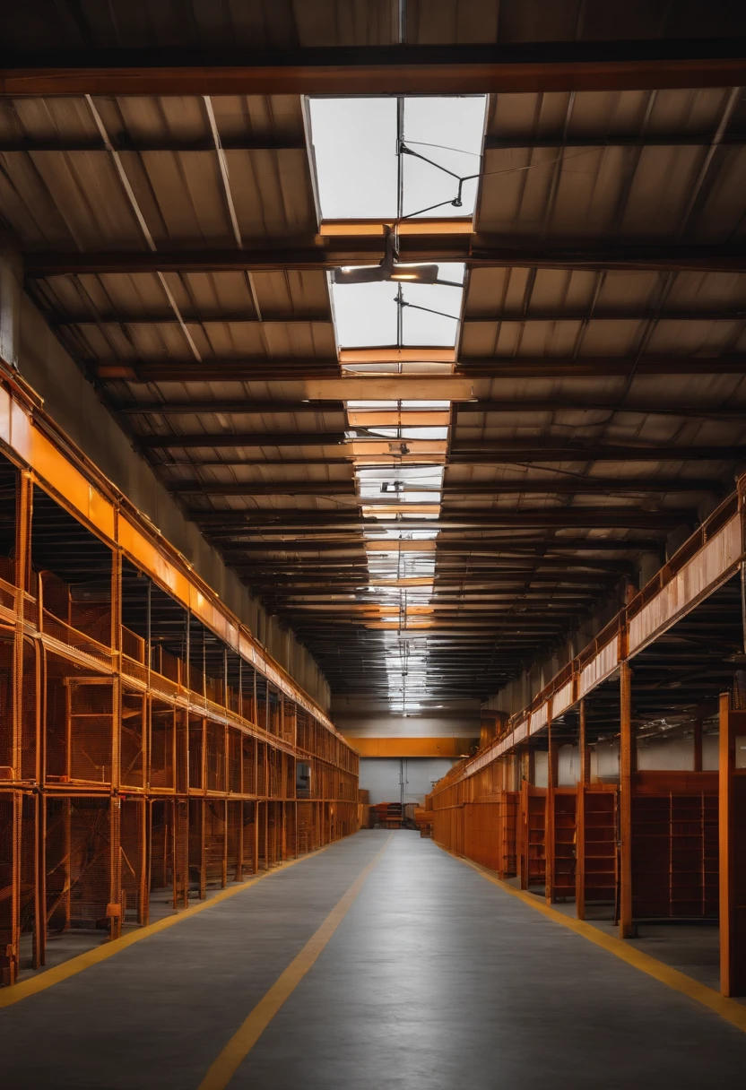 A logistics shed, organizado e limpo, com empilhadeira e escadas, com pessoas trabalhando nesse ambiente.