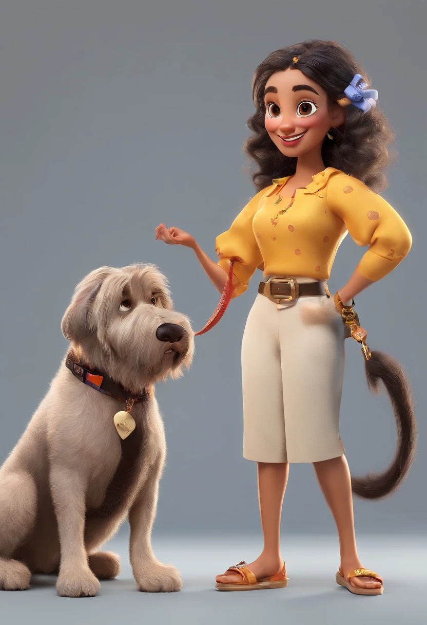 Create a Disney Pixar 3D & 4k Animation. pai aproximadamente 60 anos, beige pants, camisa branca, sapatos marrons, cabelos grisalhos lisos curtos e olhos negros. filha de aproximadamente 35 anos, longos cabelos cacheados escuros, olhos negros, Black Shorts with Black Stripe and Gold Buckle, blusa cigana branca. mother about 60 years old, cabelos curtos e escuros, vestido preto estampado na altura do joelho, Blue sandals and black eyes. Black pitbull dog with dog white and black eyes. Daughter is hugged between father and mother. The dog is sitting in front of them.