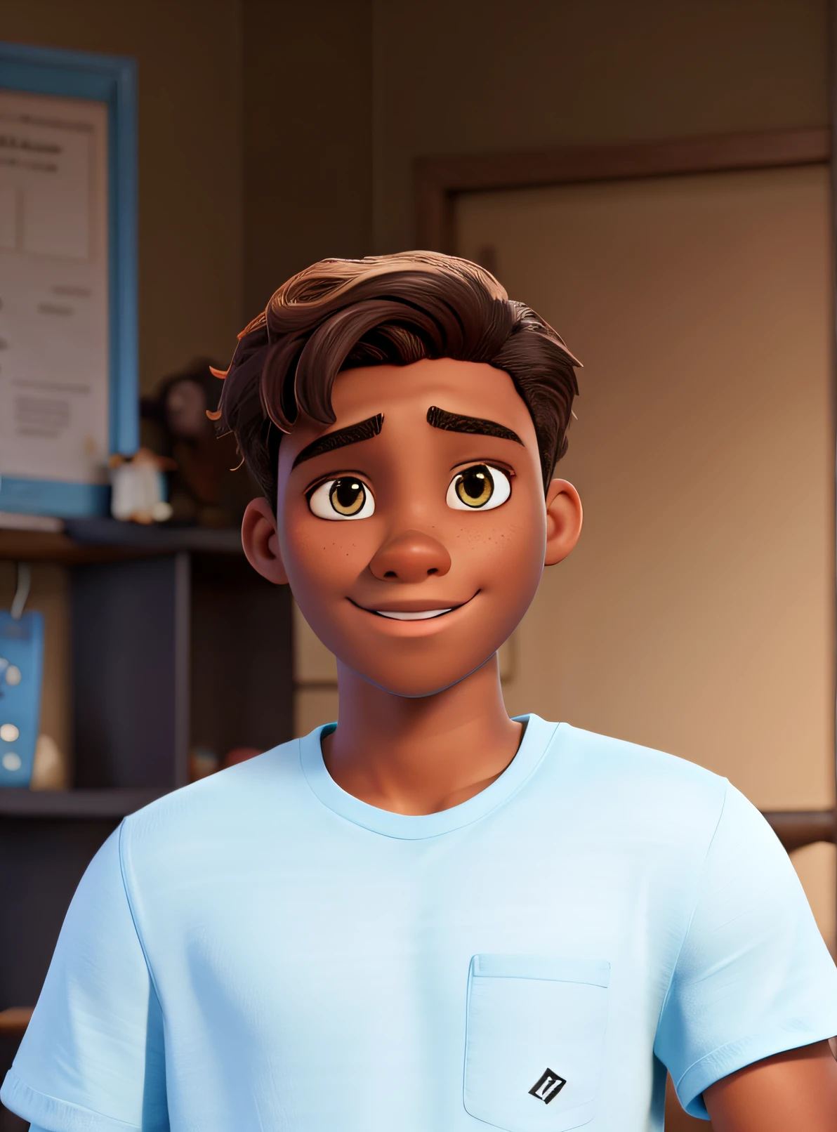 Disney Pixar style, 19 year old male, dark skin, short hair