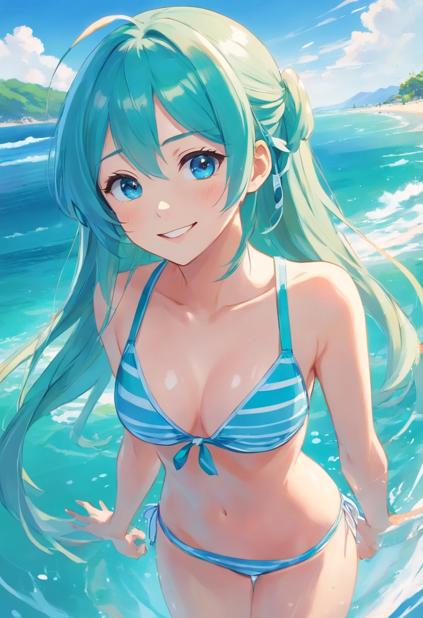 masutepiece, Best Quality, 8K Wallpaper:1.2), ultra-detailliert, absurderes, hight resolution, 1girl in, Looking at Viewer,( hatune miku:1.3), Happy, white , (Laugh:1.1), long twintail, blue green hair, Silky skin, Beautiful eyes, Focus on Eyes, beautiful smile line, Big blue eyes, Shiny hair,( Blue White Stripe Micro Bikini:1.1), clear water, Petite, Beach,