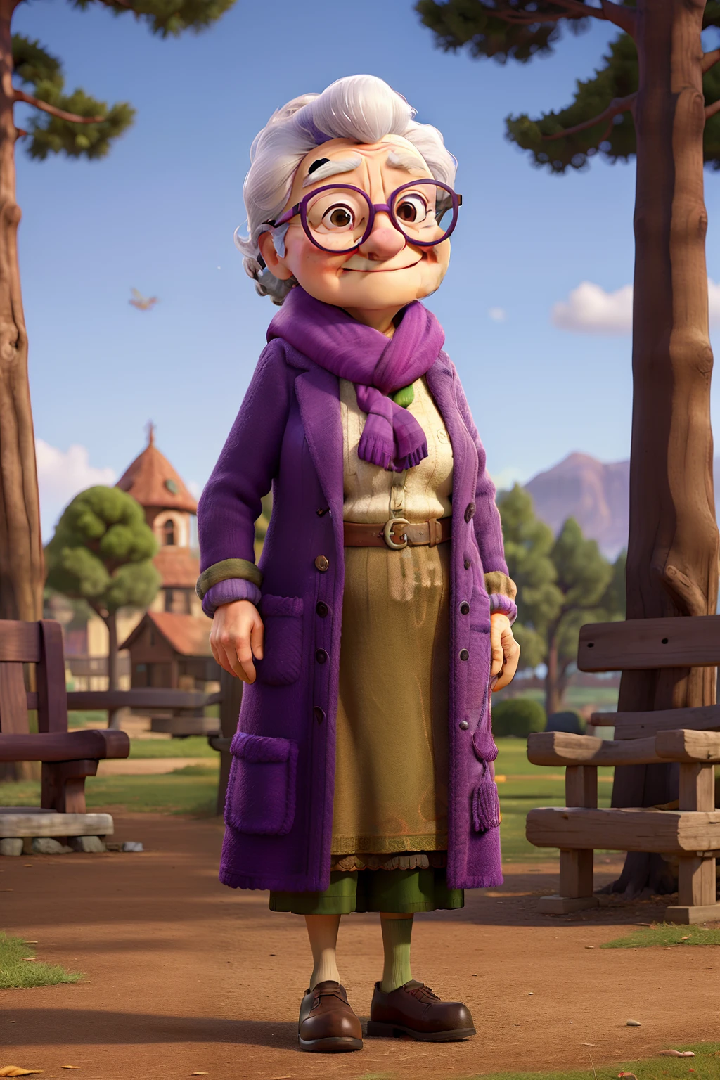 masterpiece, best quality, an old woman with glasses and a scarf on, wearing a purple coat and green scarf, standing at the park