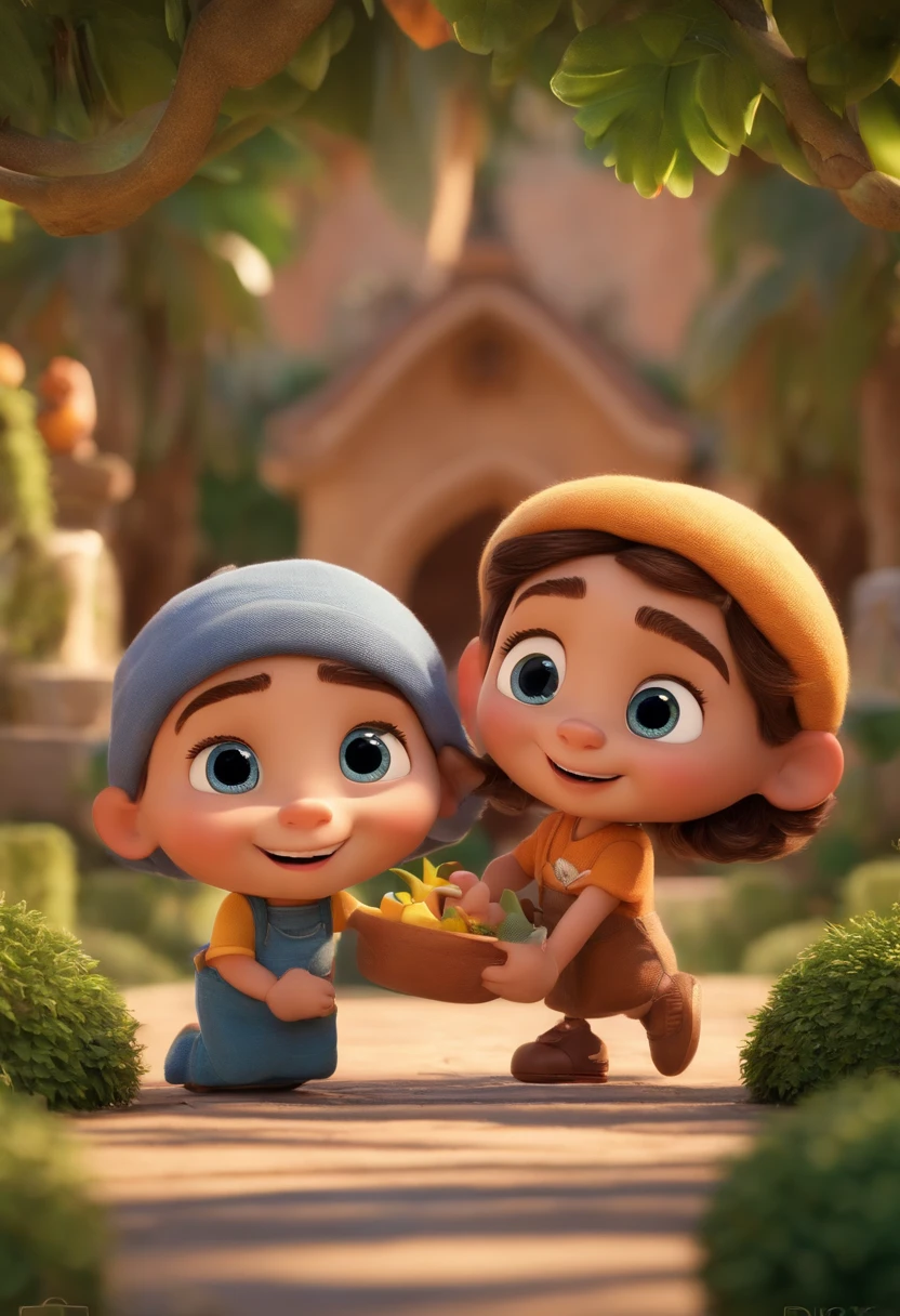 Create a Disney PIXAR-style 3D poster. ((centro da imagem, Triplets)), ((2 children)) ((1 no meio e 1 meninado, They're hugging each other, O menino tem paraa e cabelos castanhos escuros e olhos castanhos escuros, a menina tem pele cllhos e cabelos escuros e cacheados, (tudo isso no estilo Disney PIXAR 3D, In the background, a square with 6 tall palm trees, Water fountain with metal arch in the middle of the square, The garden is full of nature 3D render RTX clay material, estilo de design cartunesco, POP Mart, soft lighting, linhas suaves, Spring tilt, Detailed illustrations of PIXAR 3D, Detalhes hiper-realistas, cor quente no estilo Disney PIXAR 3D))