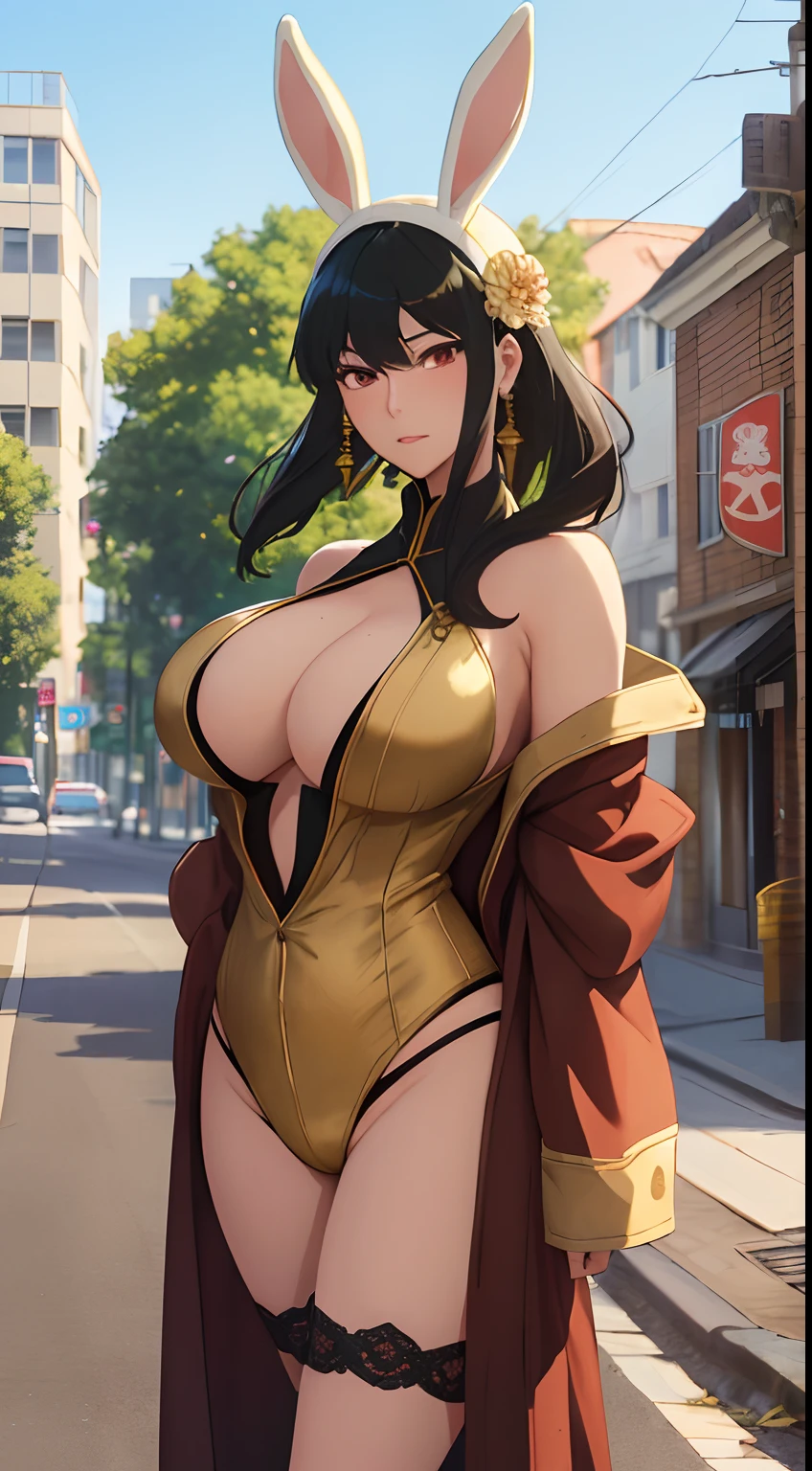 ultra realistic 8k cg, masterpiece, ((ultra detailed background, delicate pattern, intricate detail)), (highly detailed, fine details), best quality, (photorealistic:1.4), RAW photo, Yor Forger , Yor Forger, Spy X Family Style, 1girl, detailed eyes,bare shoulders, (Sexy girl, big breasts), (complex detailed background), yor briar, 1girl,bare shoulders, black hair, breasts, closed mouth, cowboy shot, earrings, gold earrings, gold hairband, hair flower, hair ornament, hairband, jewelry, large breasts, light particles, long hair, looking at viewer, red eyes, short hair with long locks, solo,thighs, ((masterpiece)),1girl锛� roujinzhi , (((Visible Big Boobs, ))),anime ,Yor Forger ,ChopioYor, yor, Mature female, bangs, side locks, Red eyes, Black hair, hair adornments, Huge breasts ,portrait, (face:1.2), schoolgirls,bare shoulders, Black hair, cleavage, (Robe:1.21), 鎖骨, Willow Branch, (masterpiece best quality :1.2), (((Standing On The Street, Cosplay,City, Buildings, Spy, sunny day))), (((front view, Bunny Suit, Wearing Short Bunny Suit, Bunny Hat))), (((sexy bunny suit))),anime