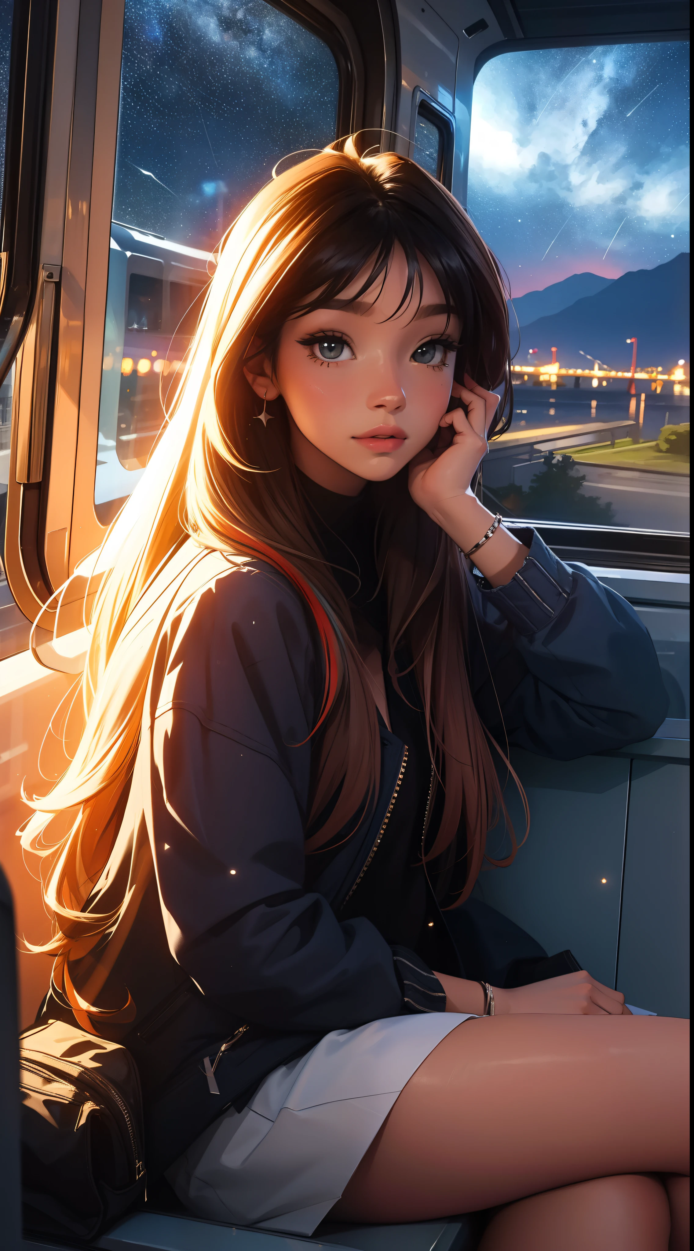 train,  sitting by the window,  pose pensives, Look at the stars, Head glued to the glass, Landscape passing by at high speed, voyage de nuit, beautiful starry sky, Une belle fille avec, UHD Portrait, (High quality) (ultra details) Regarder le spectateur en tenue de ville de style hip-hop; different, colourfull, colored  long hair 🌈