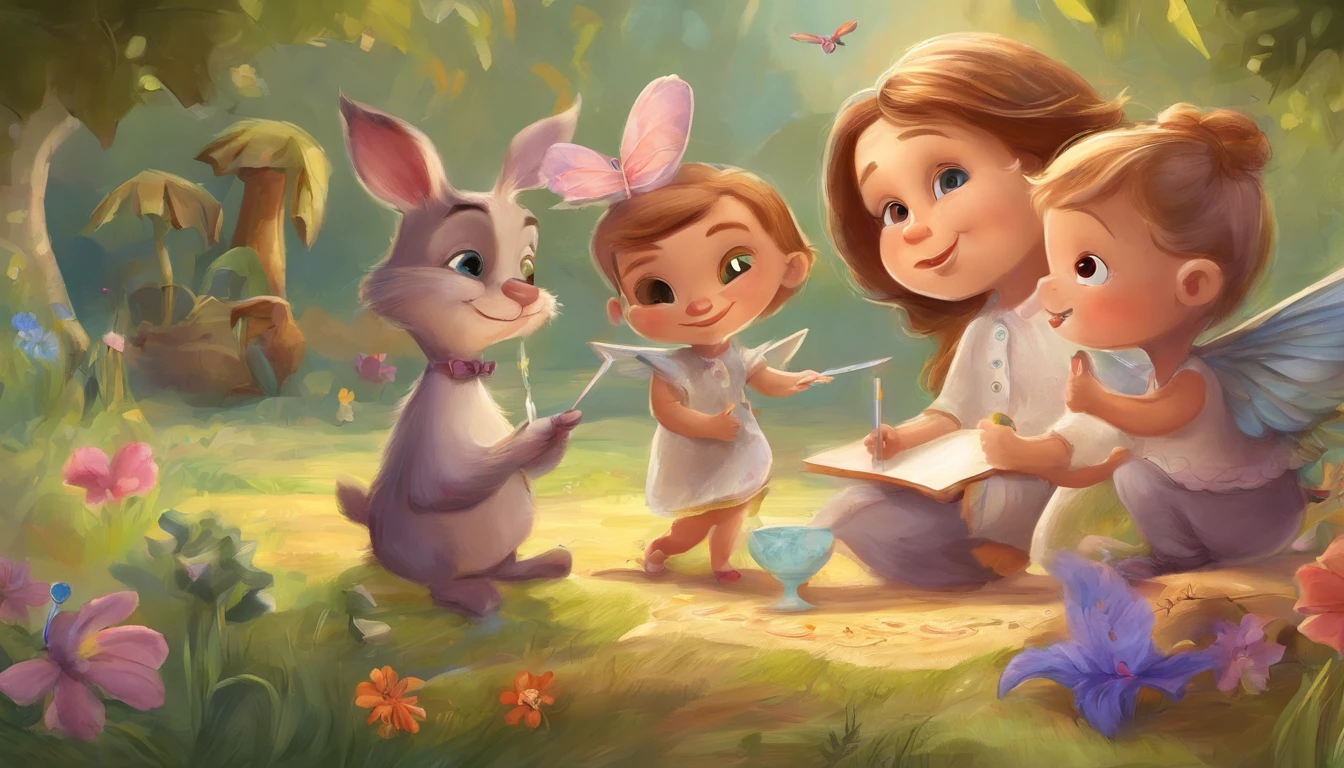 little boy and little girl cartoon cute characters, characters sheet, children book,fresh flowers,Colorful colorful,Transparent colorful wings, Magic wand,closeup cleavage,Light attenuation,Glow effects,depth of fields,high light,Real light,Ray traching,oc rendered,Hyper-realistic,best qualtiy,8K,Works of masters,super-fine,Detailed pubic hair,Correct anatomy,sharp focus on eyes,Bokeh,Facial features are carefully depicted