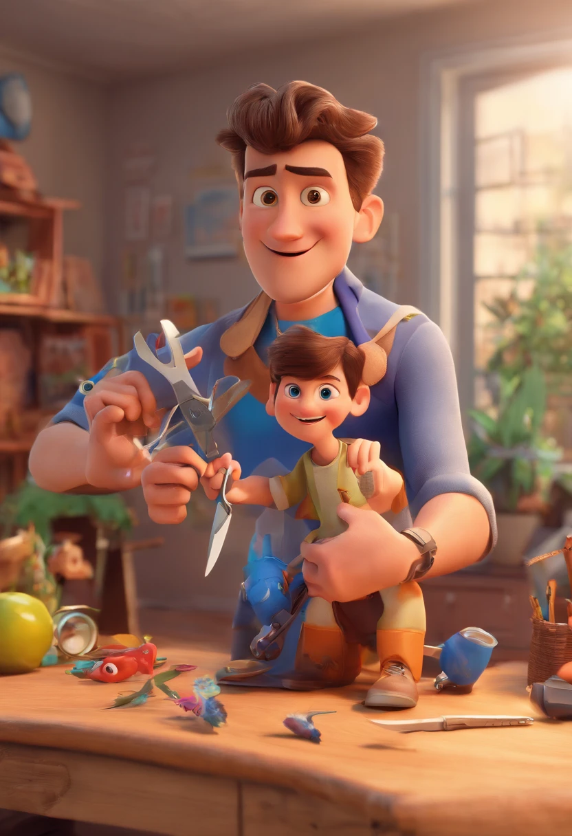 Estilo Pixar: The grown man is holding a naked blue-eyed boy and in his other hand he is holding a pair of scissors and is trying to cut off the boy's testicles,3D Poster,Disney