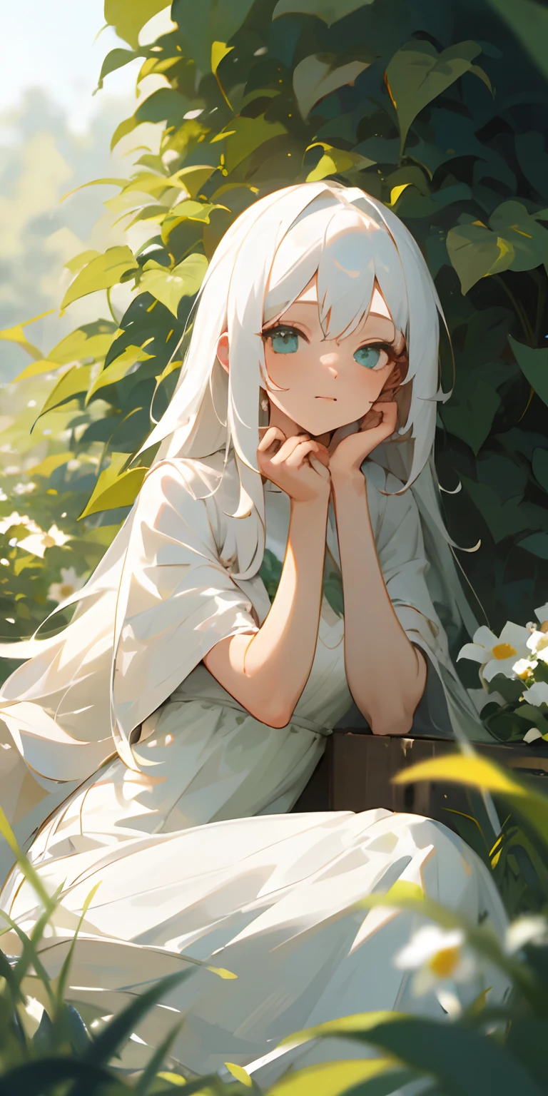 (masterpiece, best quality),1girl with long white hair sitting in a field of green plants and flowers, her hand under her chin, warm lighting, white dress, blurry foreground