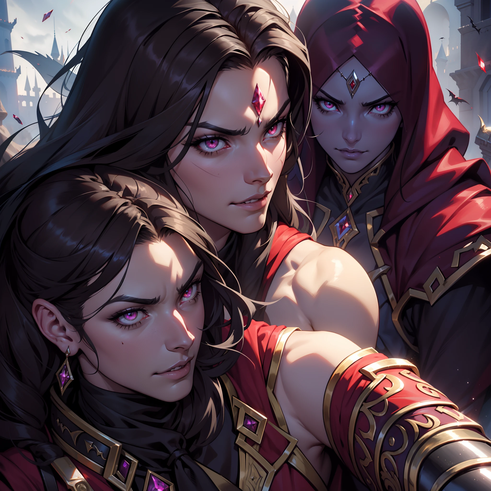 Arabian moroccan Castlevania Lord of Shadows hyper realistic super detailed face beautiful muscular beautiful scary face legendary red shiny crystal eyes with very beautiful princess shiny crystal eyes portrait Lord Dracula leading troops army of demons to fight sharp details cutscenes scenes movie Epic Legendary