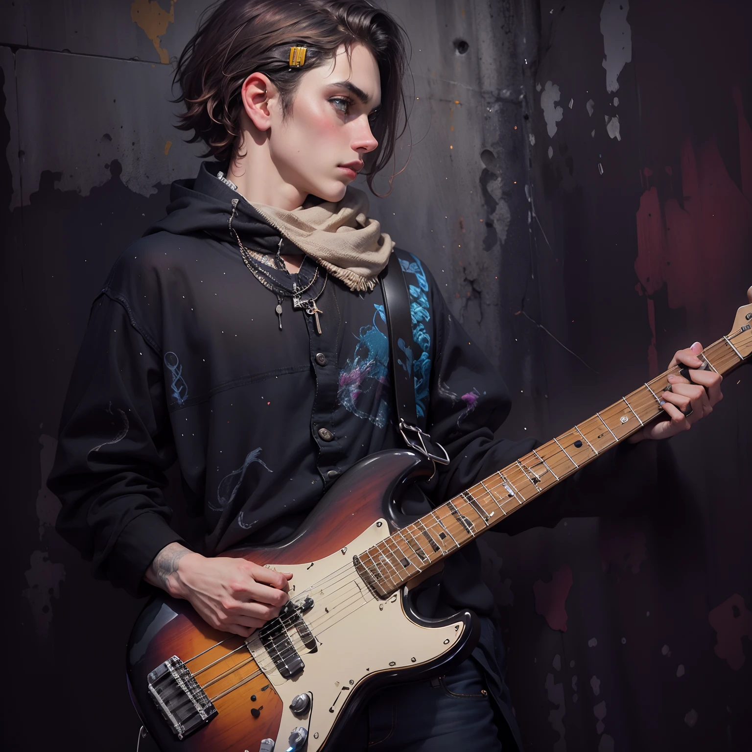Beleza Standing tocando baixo, indie rock, HDR, 8k