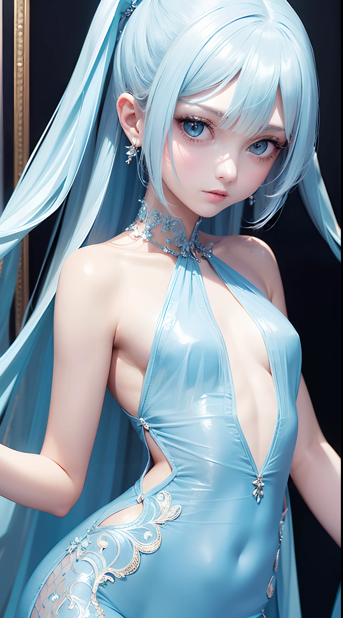 All-over transparent light blue silk jumpsuit,with fair skin,Hands behind your back,Delicate and delicate face,Elaborate Eyes,Clear eyes,Incredibly detailed,,Hairline,16k,