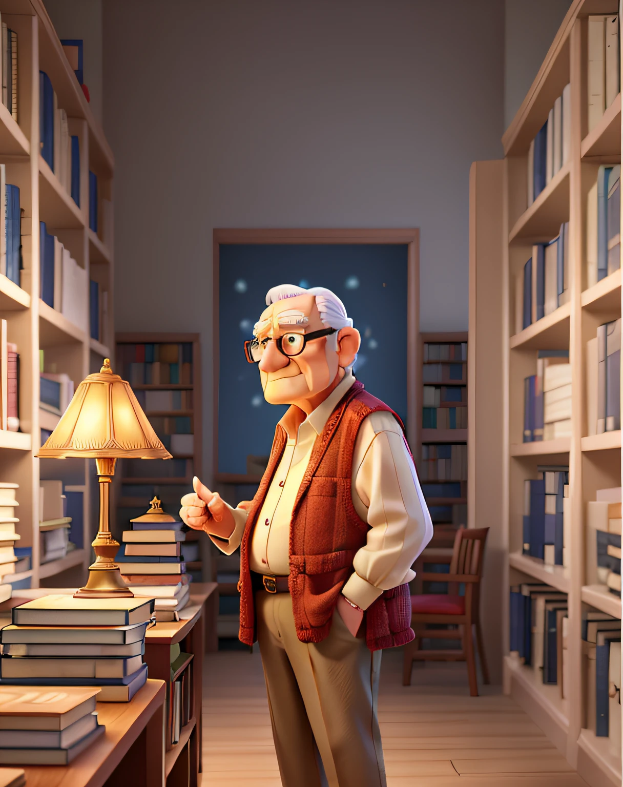 A wise old man standing in front, illuminated by the light of a lamp, against the backdrop of a library