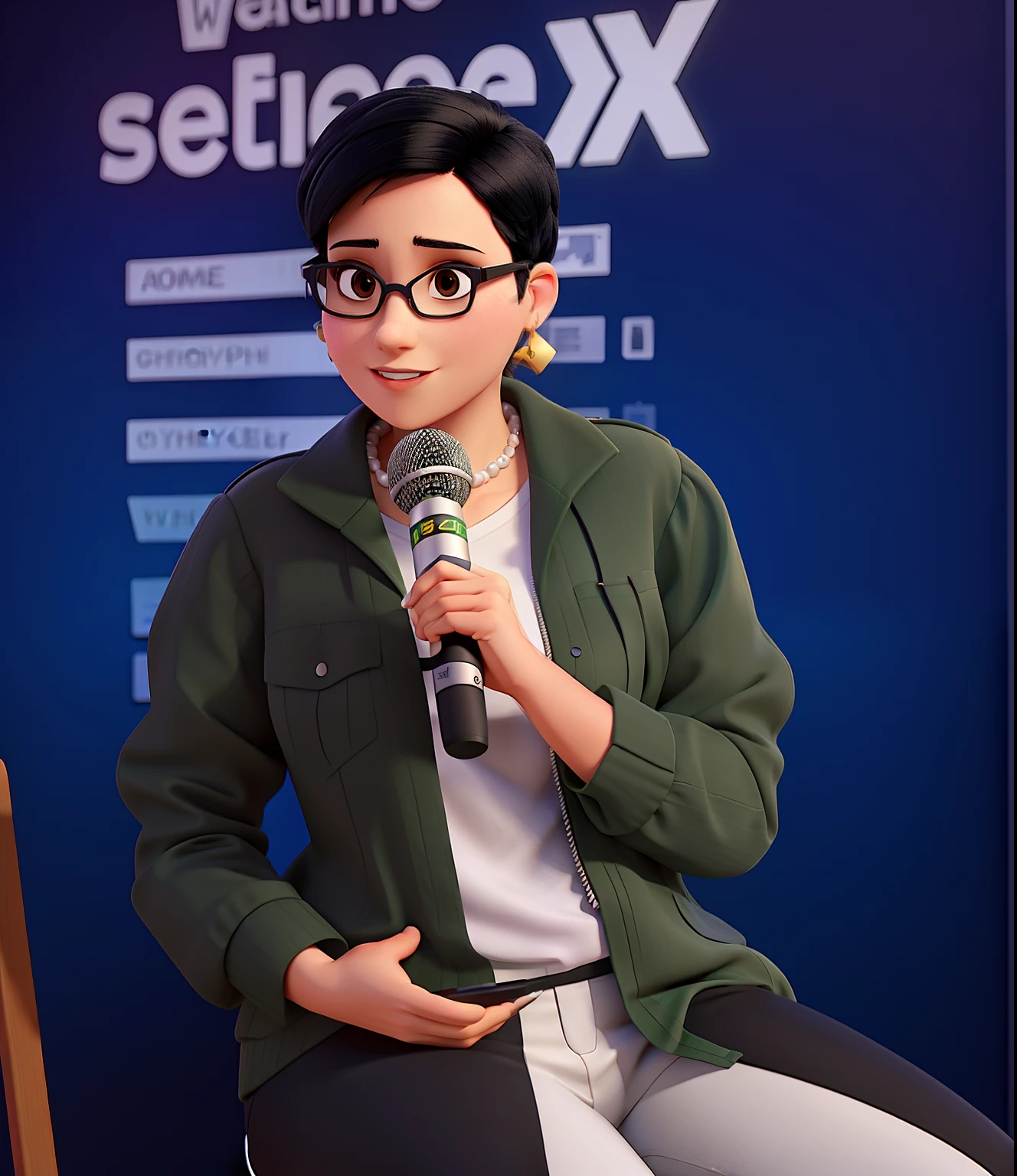 Woman with short black hair, pixel cut, wears glasses, thin, is sitting giving a talk holding a microphone. He wears white pants, a long open military green shirt and a light blouse. In the background, there is a wall with descriptions of the event's visual identity.