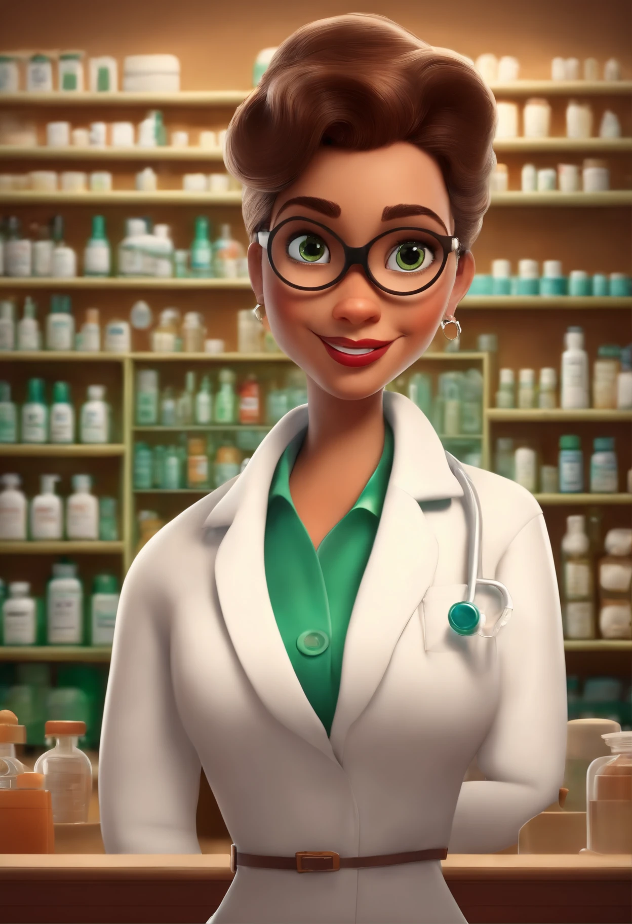 Create a Disney Pixar-style character inside a pharmacy lab coat, tom de pela clara , labios carnudos , cabelo castanho claro ,encaracolados na altura do ombro , olhos castanhos usando oculos de cor azul estilo gata, vestido verde abaixo do jaleco . Plano de fundo uma farmacia muito bem iluminada .